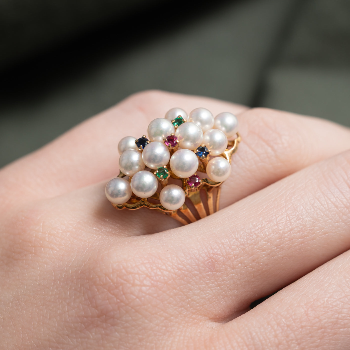 Pearl & Multi Gemstone Cluster Cocktail Ring | 0.08ctw | SZ 6.0 |