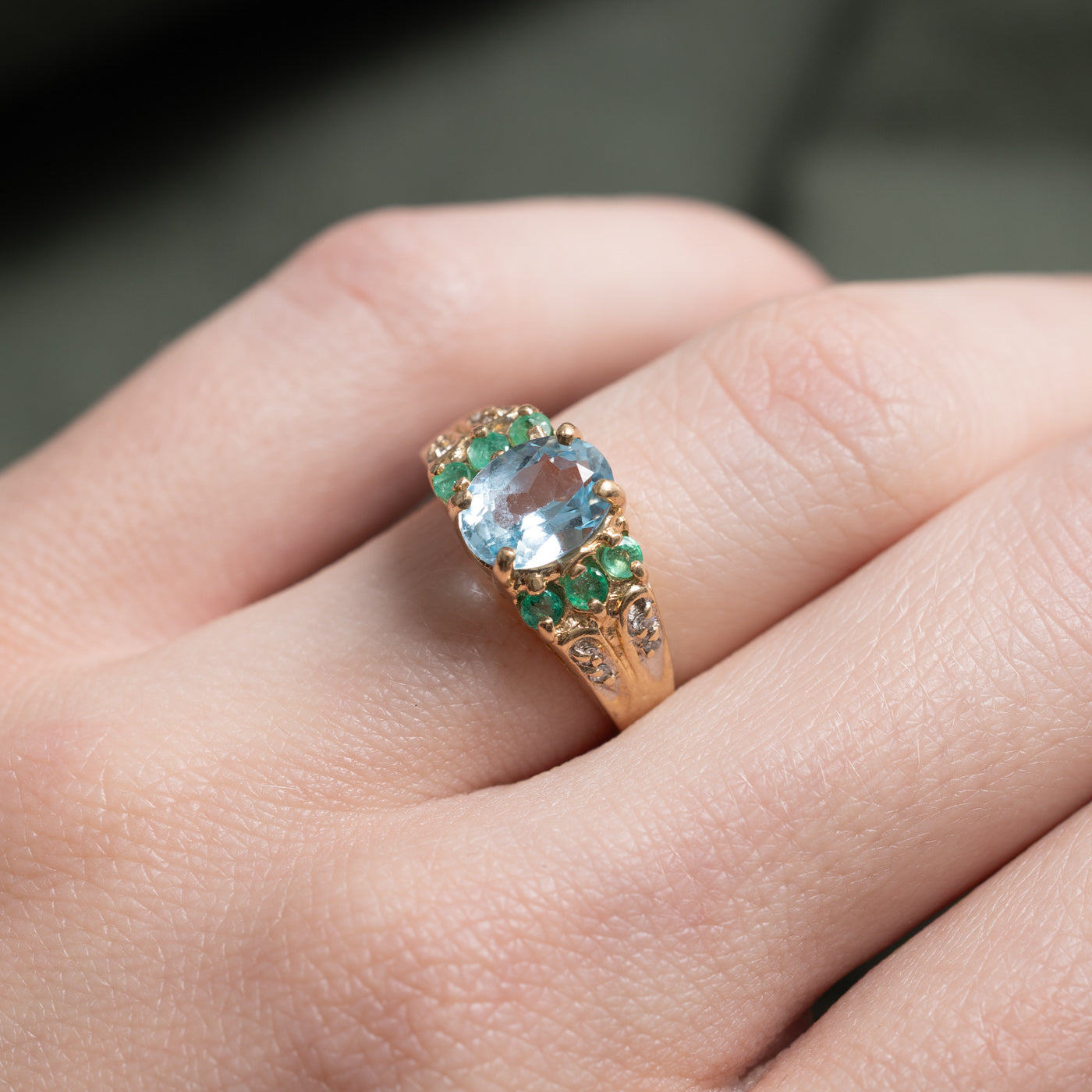 Blue Topaz, Emerald & Diamond Ring | 1.3ctw, 0.04ctw | SZ 4.75 |