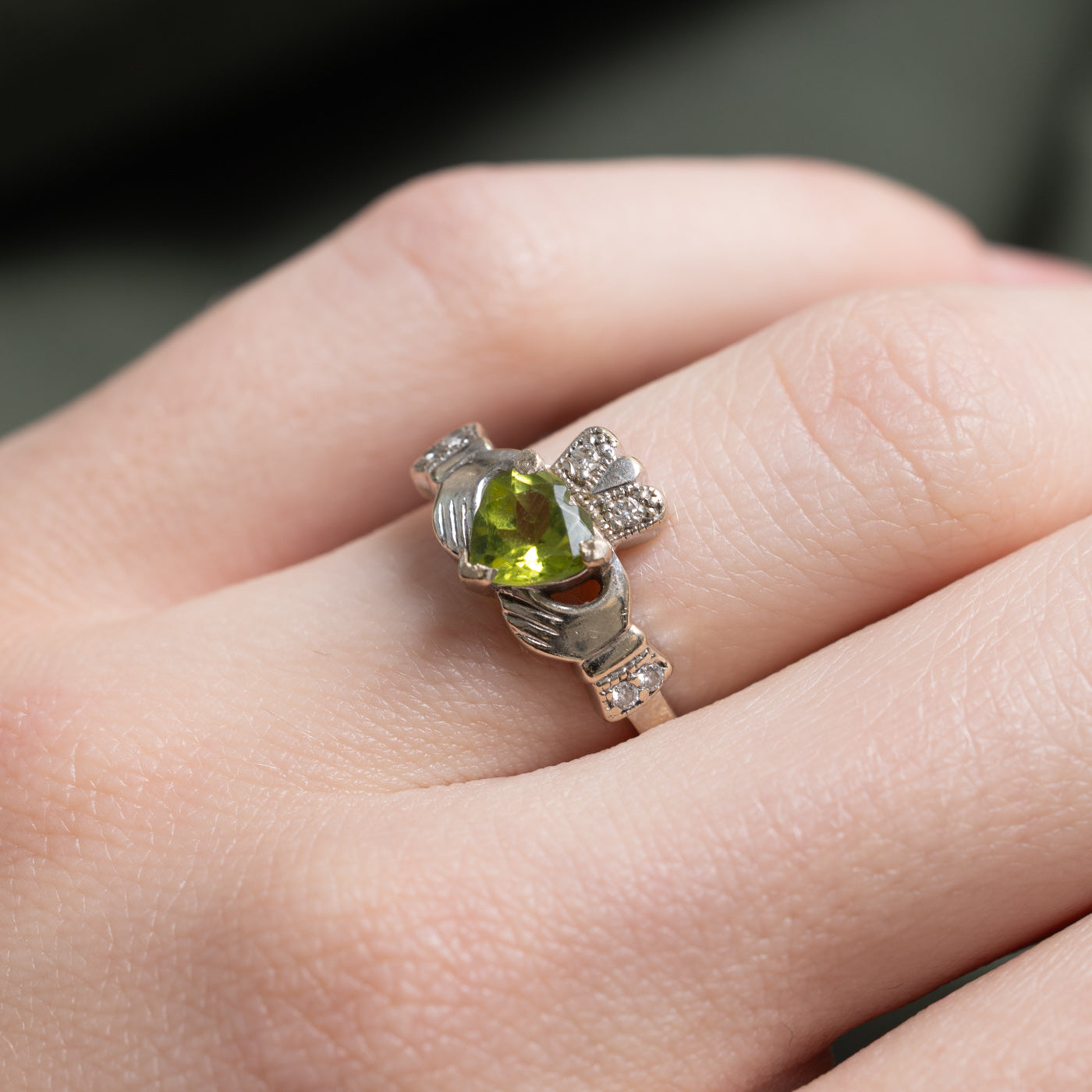 Heart Cut Peridot & Diamond Claddagh Ring | 0.9ct, 0.03ctw | SZ 5.0 |
