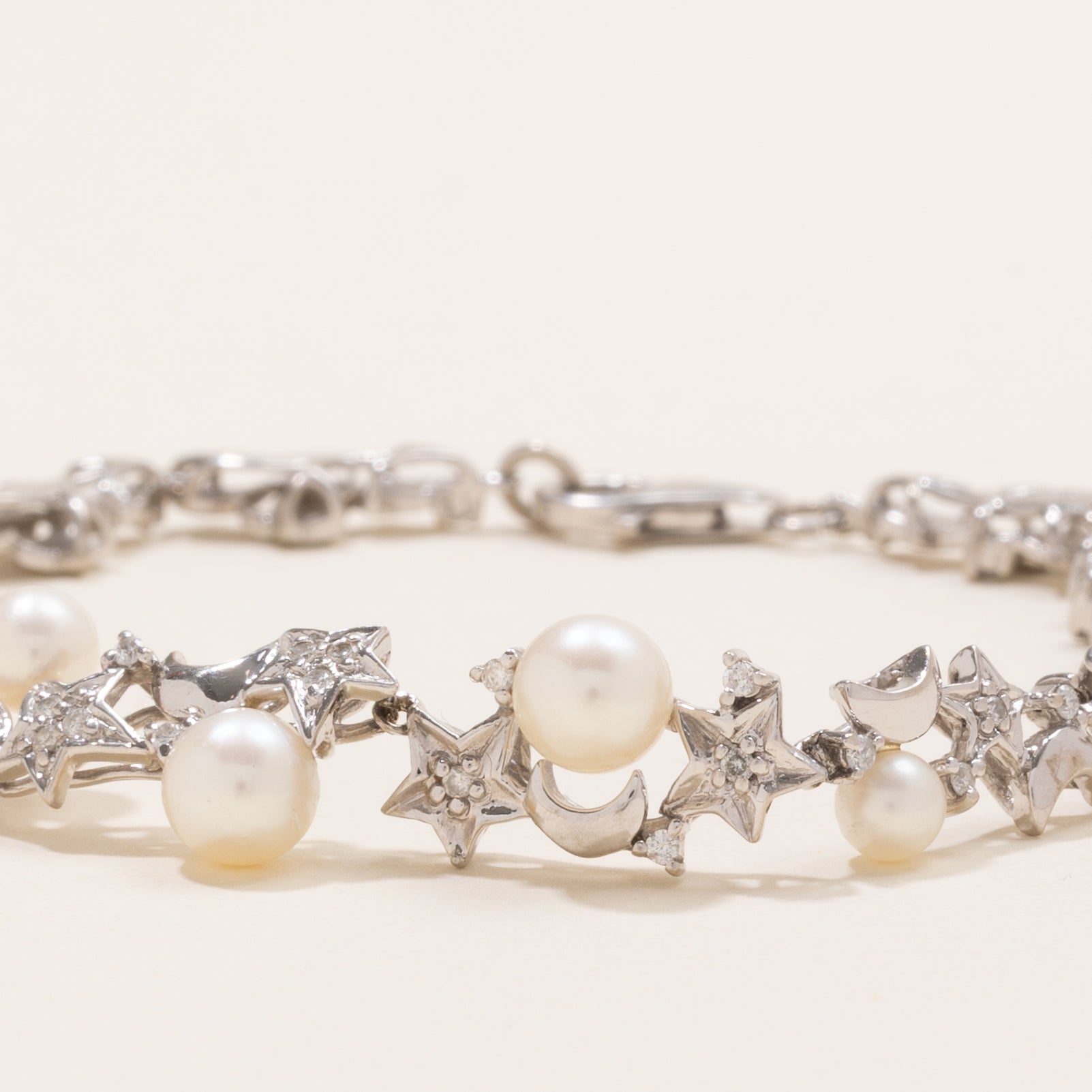 Pearl & Diamond Star & Moon Gemstone Bracelet | 0.3ctw | 7.5" |