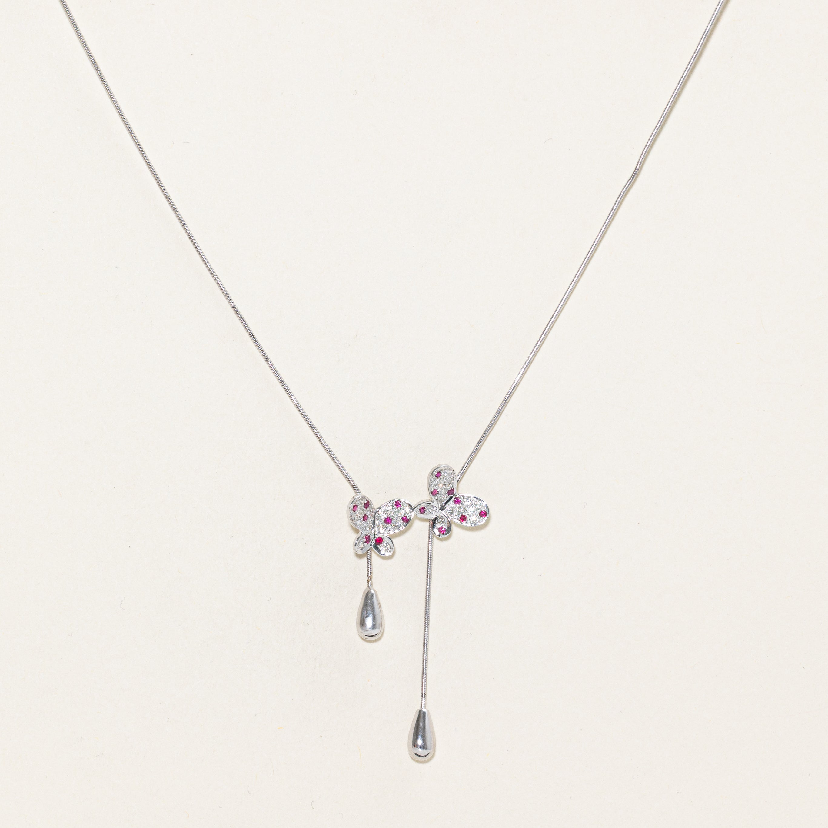 Ruby & Diamond Butterfly Lariat Necklace | 0.16ctw, 0.22ctw | 18" |