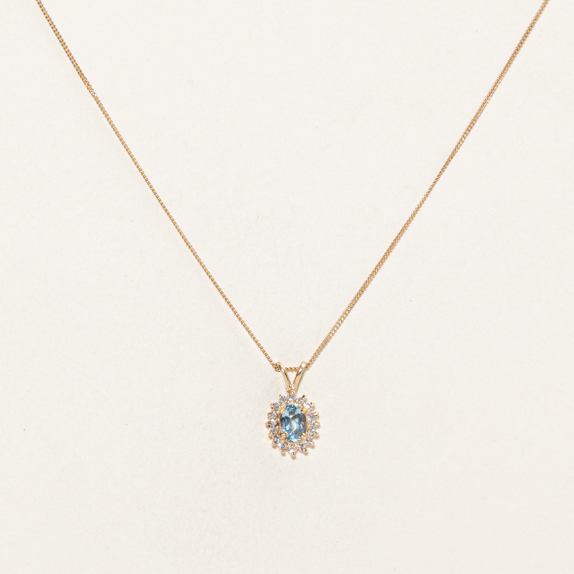 Aquamarine & Diamond Petal Halo Pendant Necklace | 0.3ct, 0.08ctw | 18" |