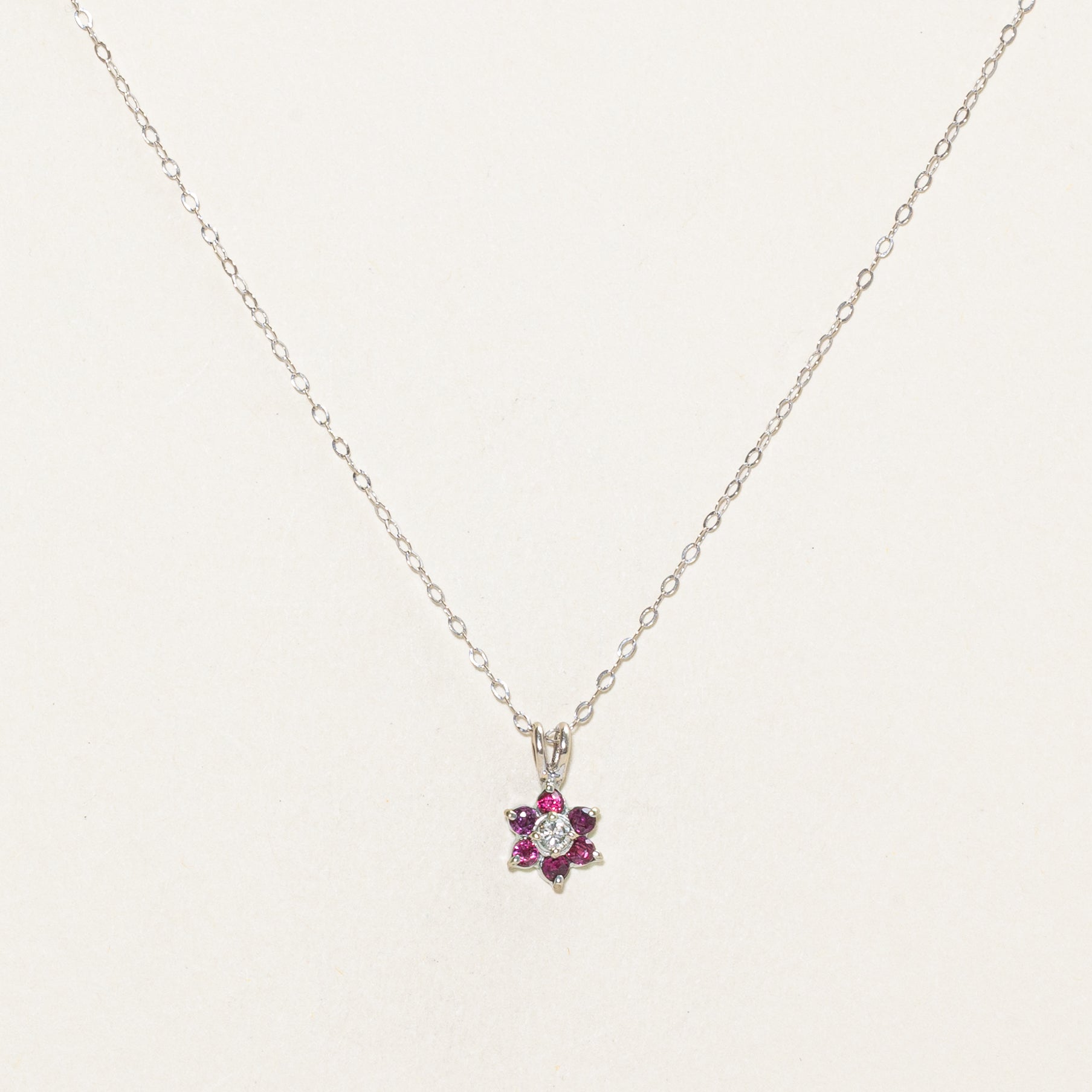 Diamond & Ruby Petal Pendant Necklace | 0.07ct, 0.3ctw | 17" |