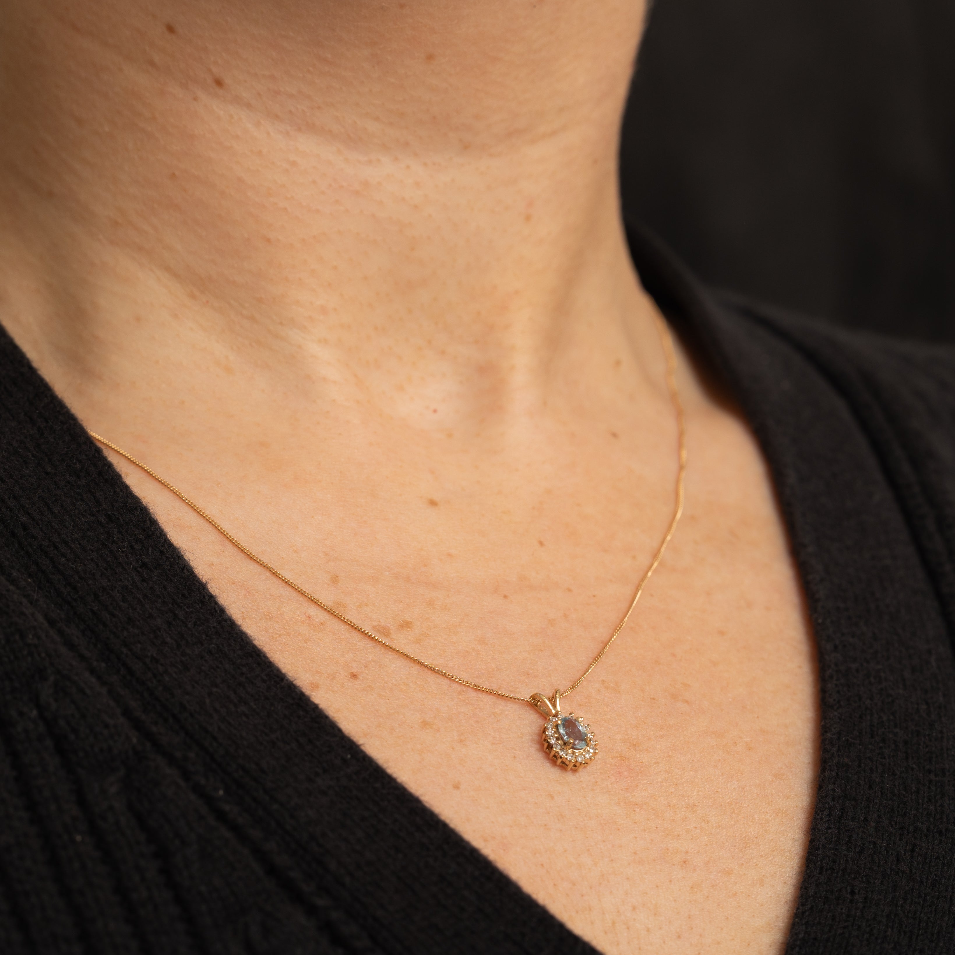 Aquamarine & Diamond Petal Halo Pendant Necklace | 0.3ct, 0.08ctw | 18" |