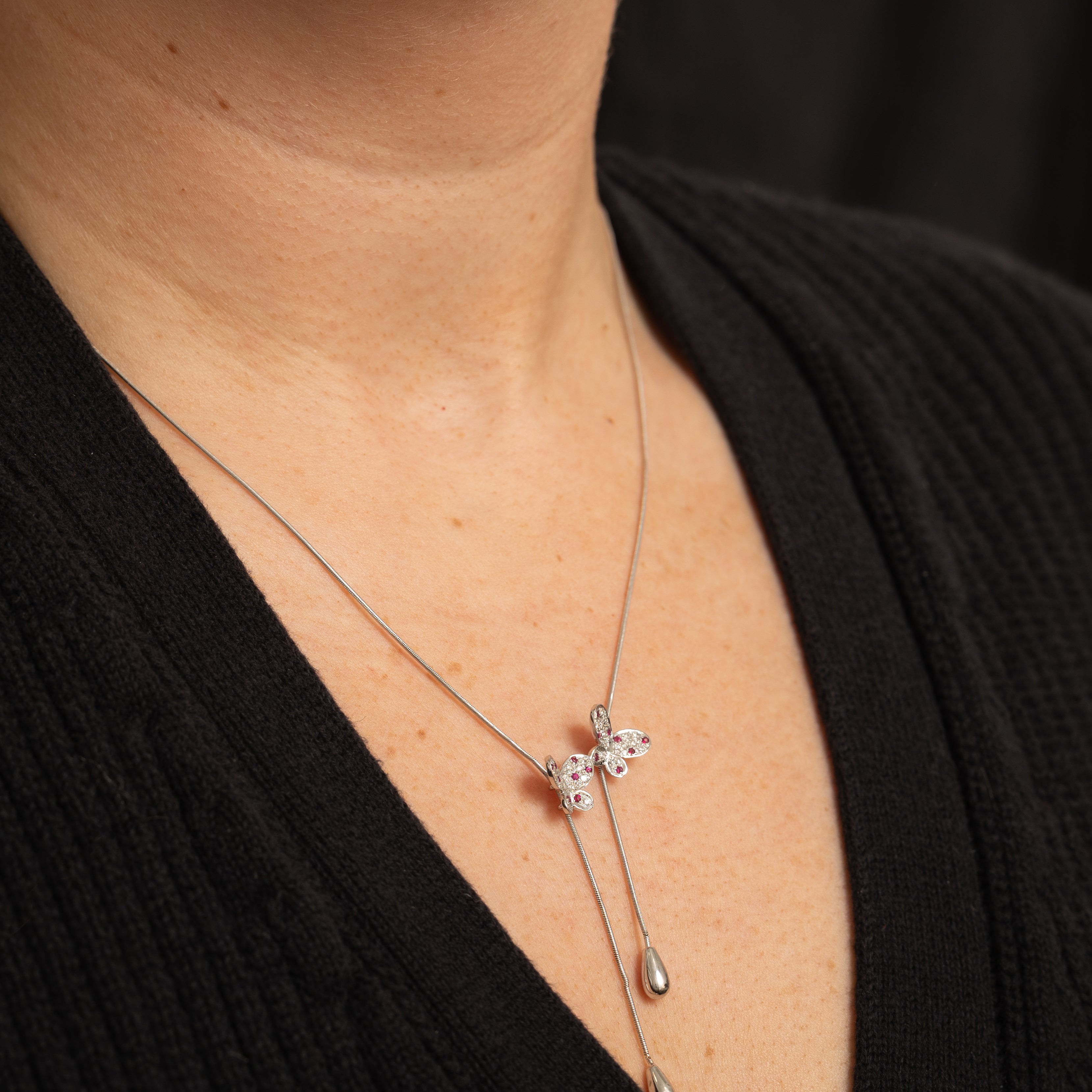 Ruby & Diamond Butterfly Lariat Necklace | 0.16ctw, 0.22ctw | 18" |