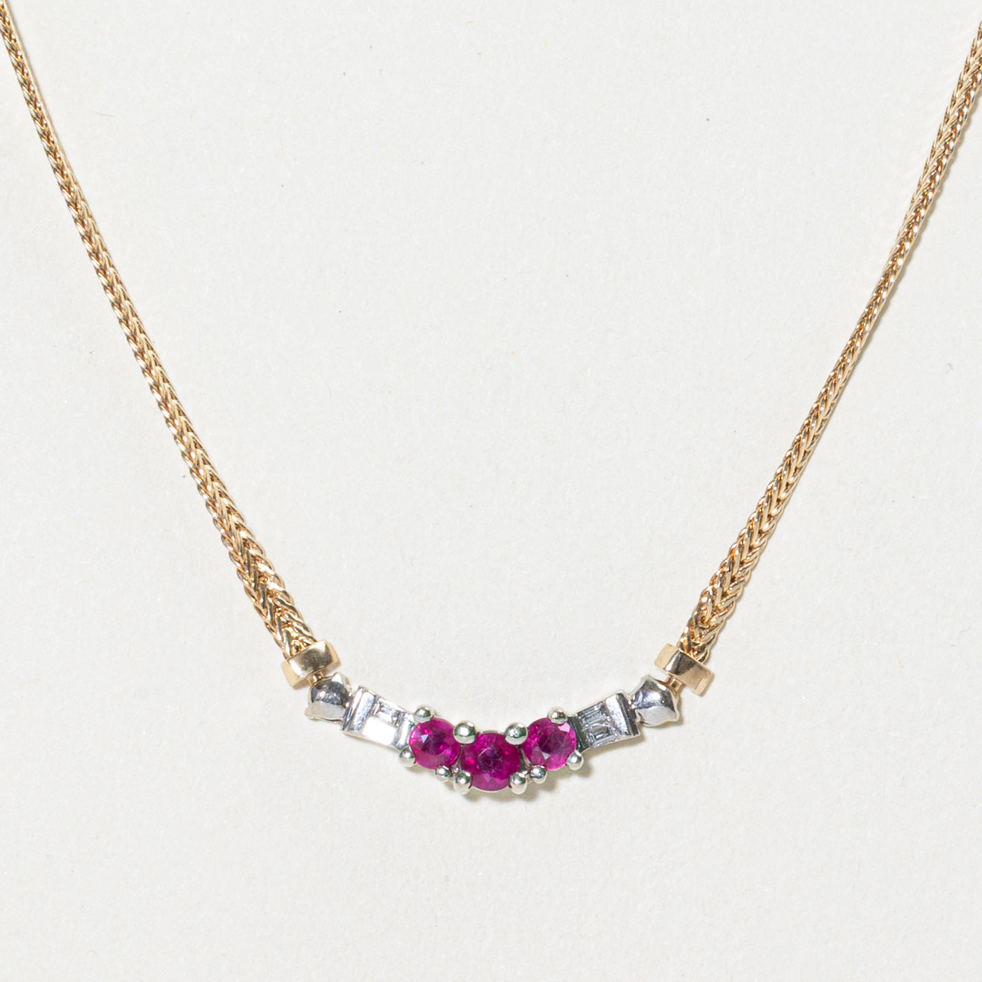 Three Stone Ruby & Diamond Pendant Necklace | 0.38ctw, 0.06ctw | 19"