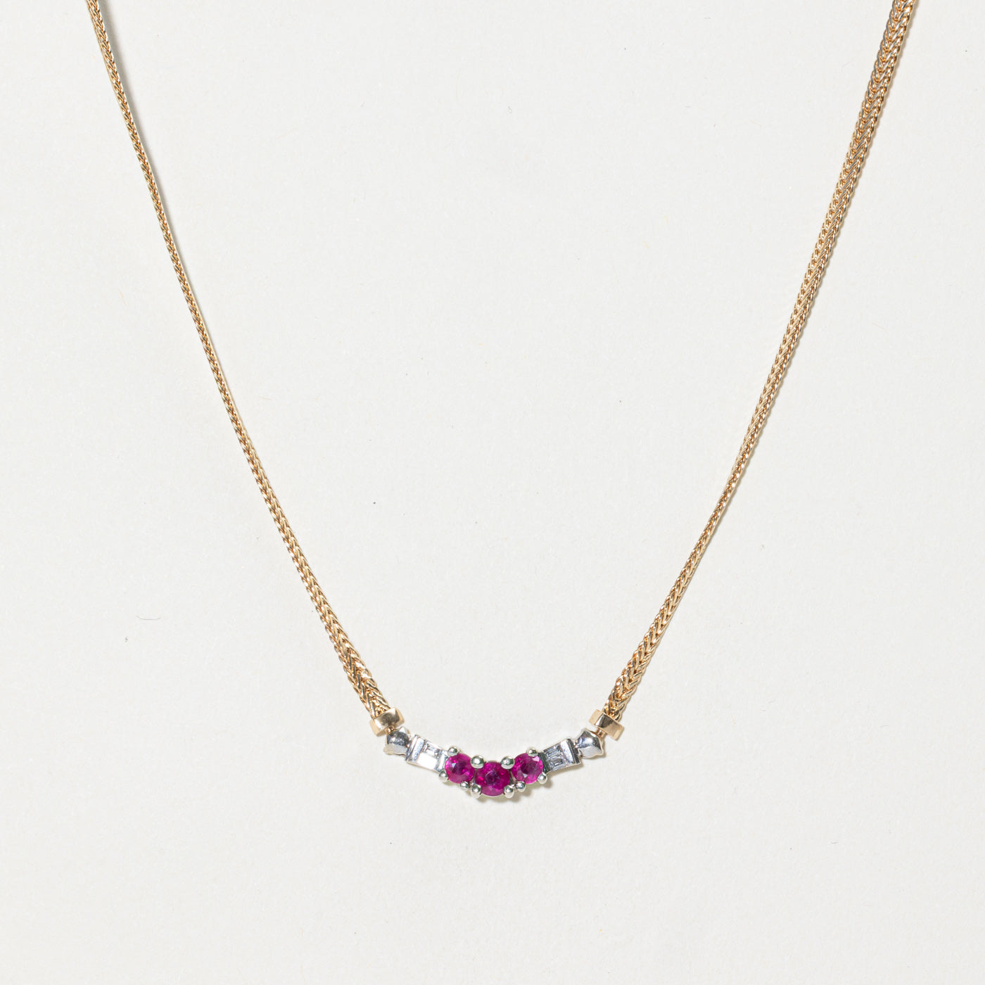 Three Stone Ruby & Diamond Pendant Necklace | 0.38ctw, 0.06ctw | 19"
