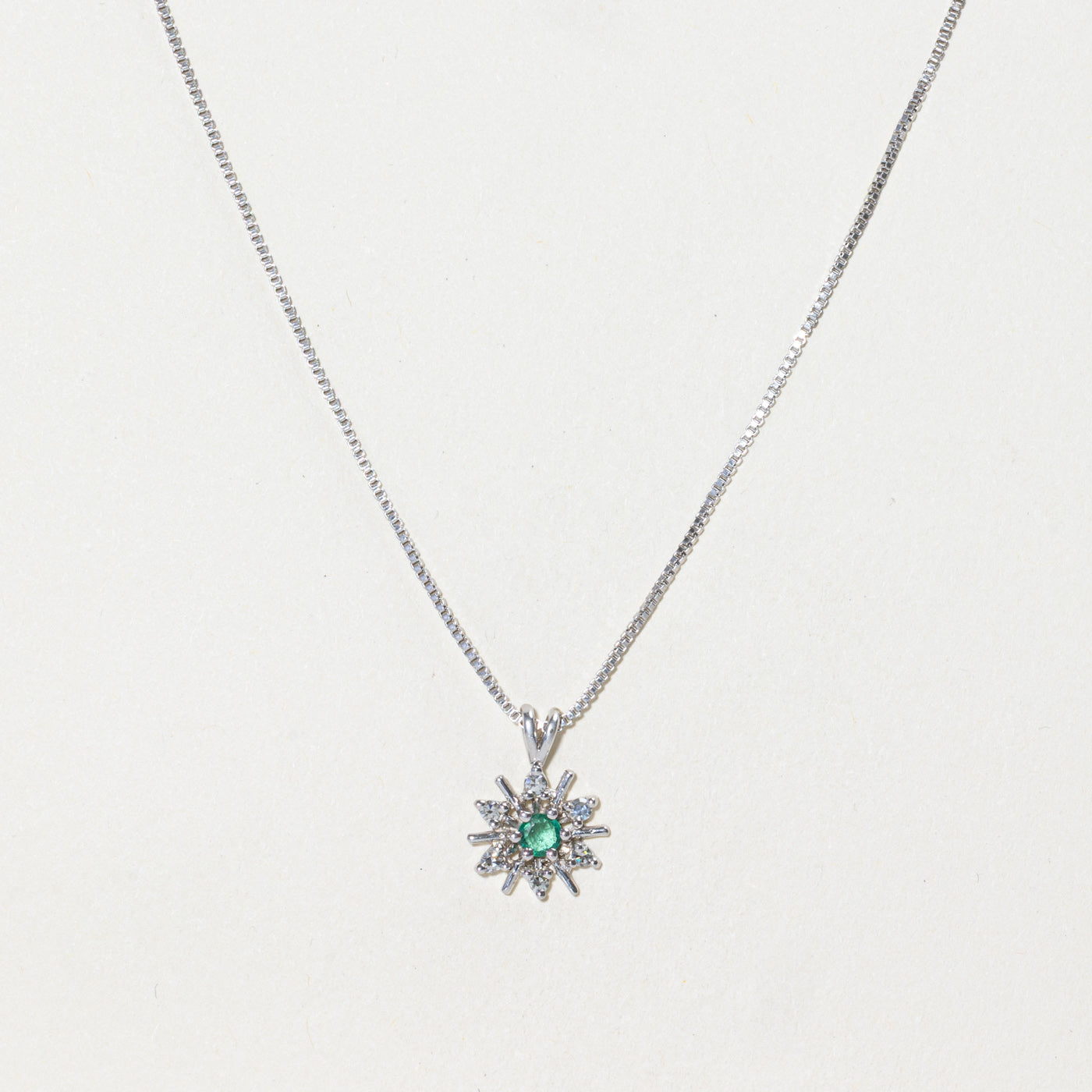 White Gold Emerald & Diamond Pendant Necklace | 0.08ct, 0.09ctw | 16"