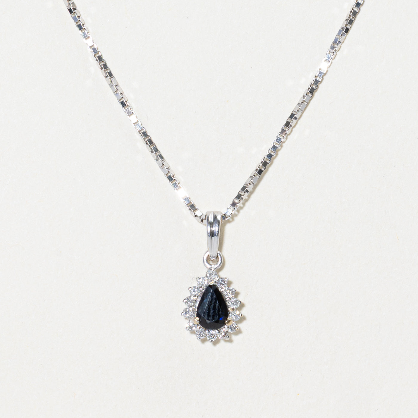 18k Pear Cut Sapphire & Diamond Halo Pendant Necklace | 0.50ct, 0.14ctw | 16"