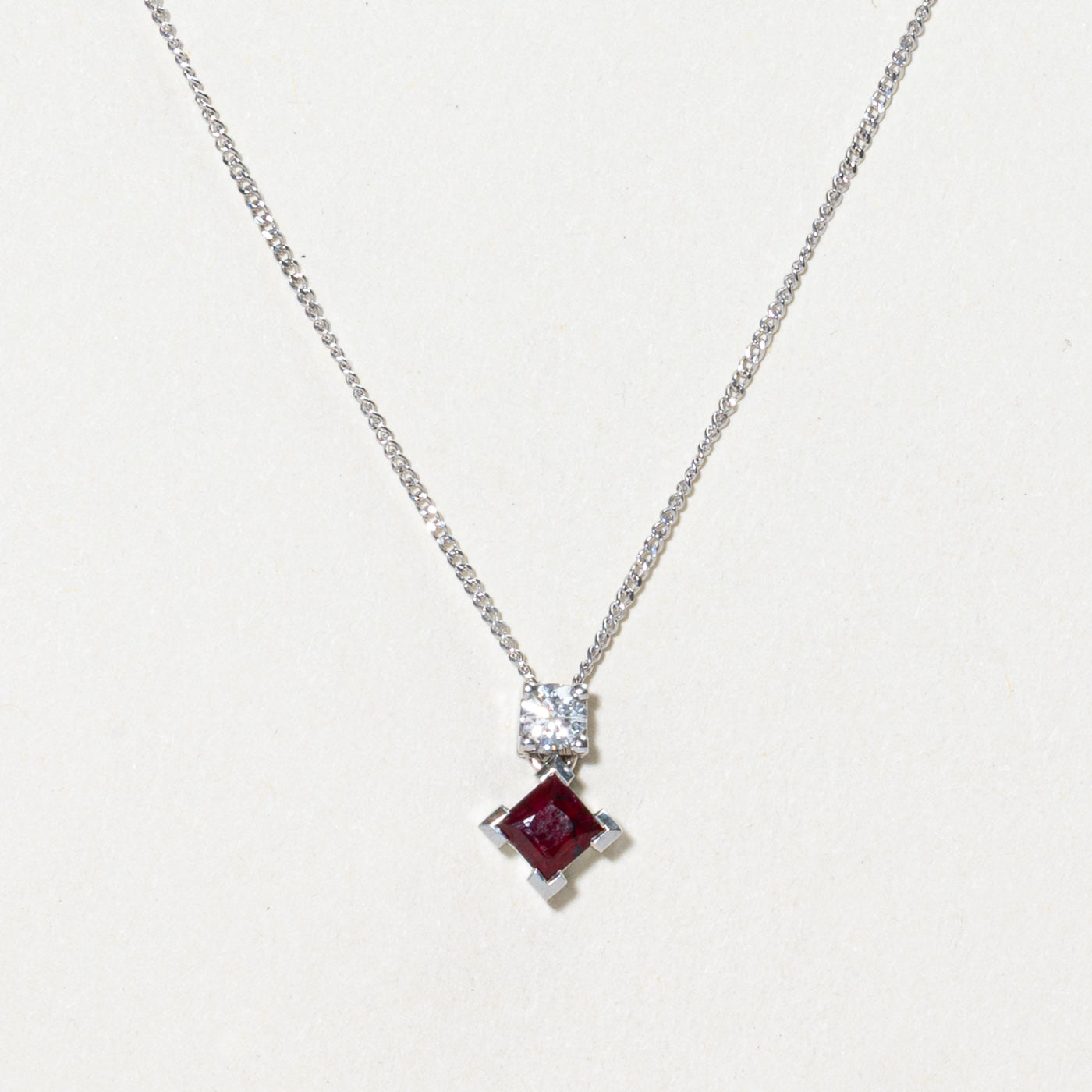 18k Basket Set Princess Cut Ruby & Diamond Pendant Necklace | 0.34ct, 0.14ct | 20"