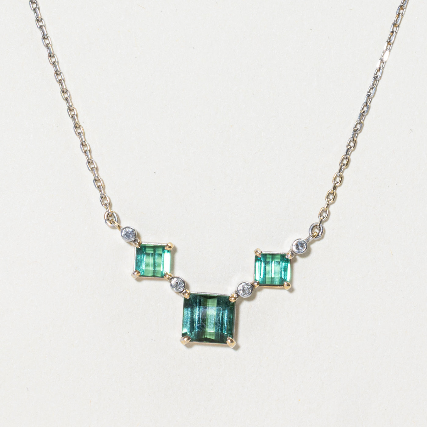 18k Three Stone Tourmaline & Diamond Pendant Necklace | 2.90ctw, 0.04ct | 17"