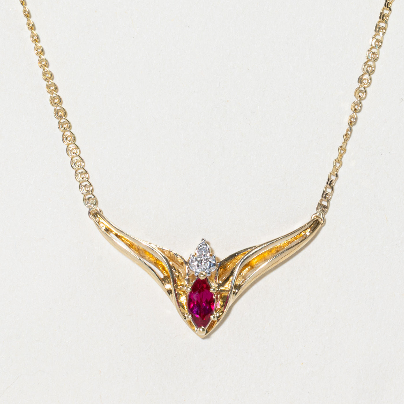 Basket Set Synthetic Ruby & Diamond Pendant Necklace | 0.60ct, 0.005ct | 16"