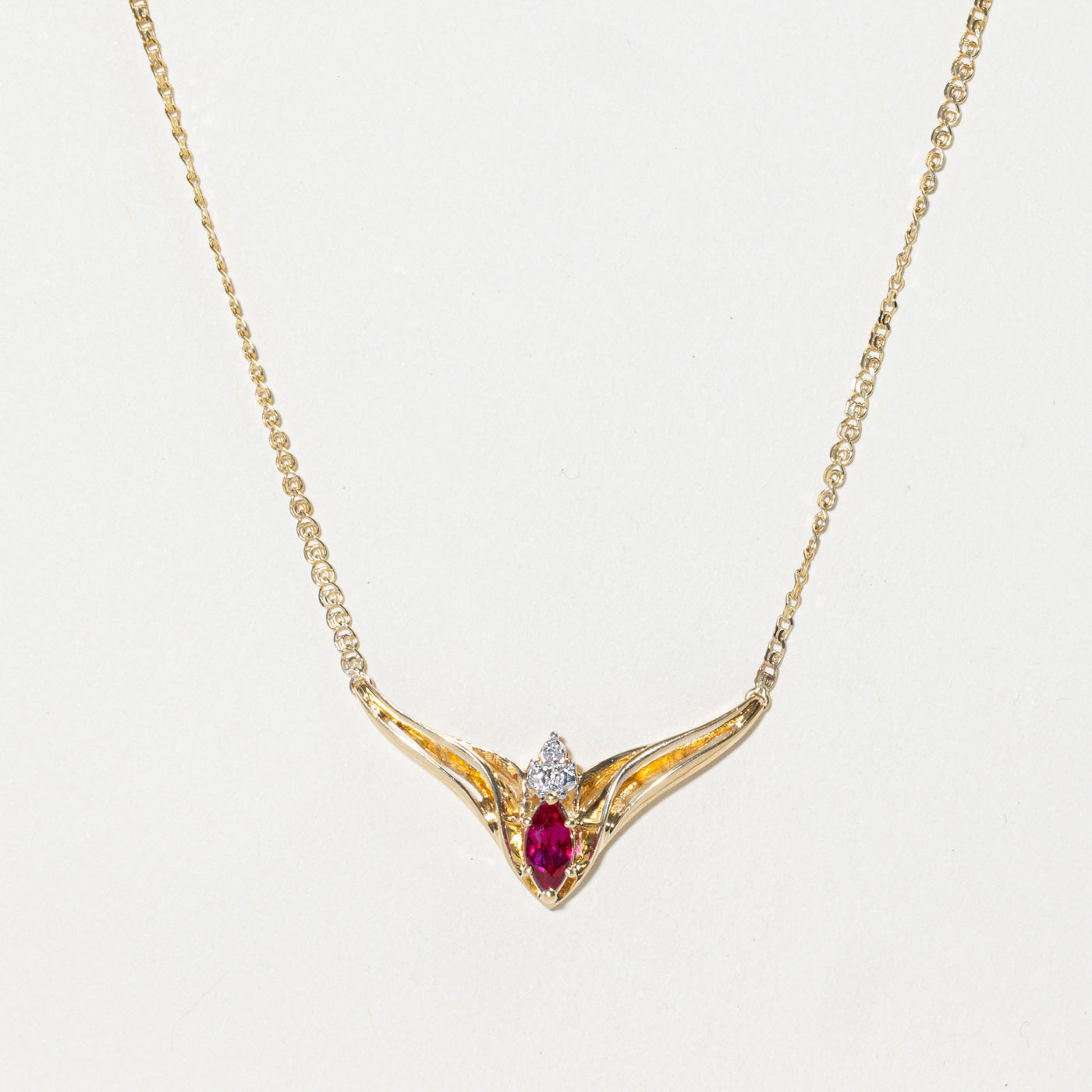 Basket Set Synthetic Ruby & Diamond Pendant Necklace | 0.60ct, 0.005ct | 16"