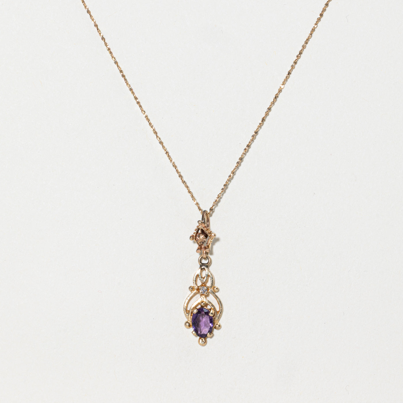 Purple Glass & Diamond Ornate Drop Pendant Necklace | 0.70ct, 0.03ct | 16"