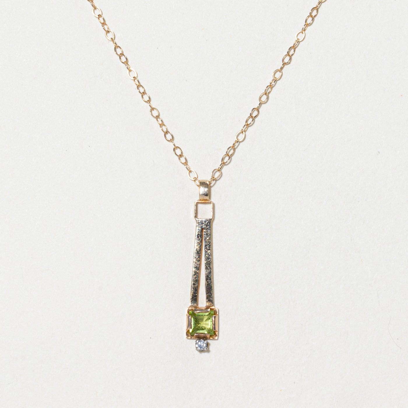 Bezel Set Peridot & Diamond Drop Pendant Necklace | 0.30ct, 0.01ct | 16"