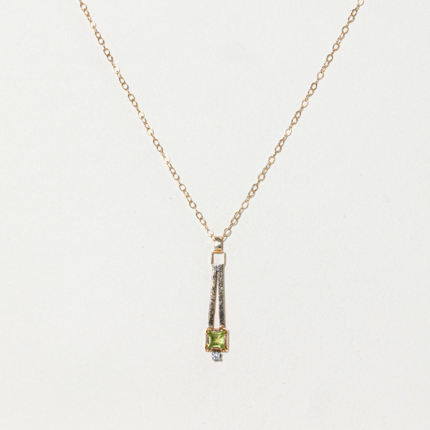 Bezel Set Peridot & Diamond Drop Pendant Necklace | 0.30ct, 0.01ct | 16"