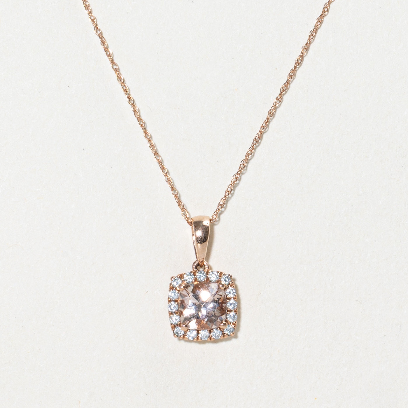 Cushion Cut Morganite & Diamond Halo Pendant Necklace | 0.90ct, 0.08ctw | 18"