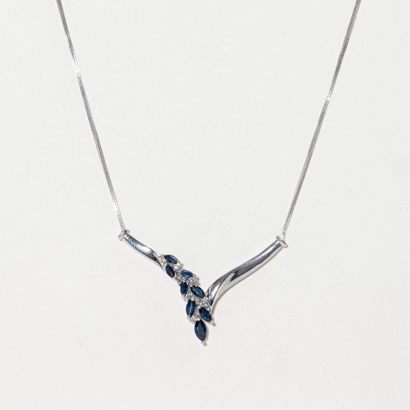 Marquise Cut Sapphire & Diamond Waterfall Pendant Necklace | 0.84ctw, 0.06ctw | 18"