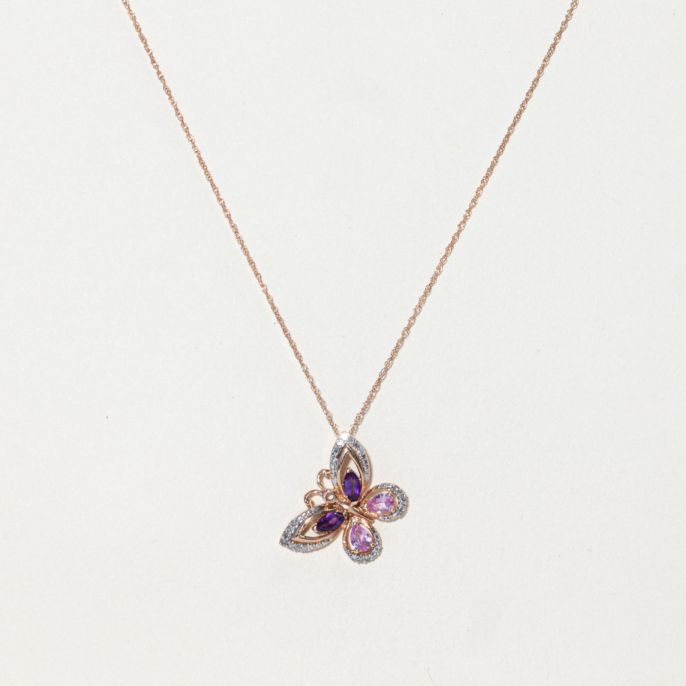 Synthetic Sapphire, Amethyst & Diamond Butterfly Pendant Necklace | 0.34ctw, 0.18ctw | 18"