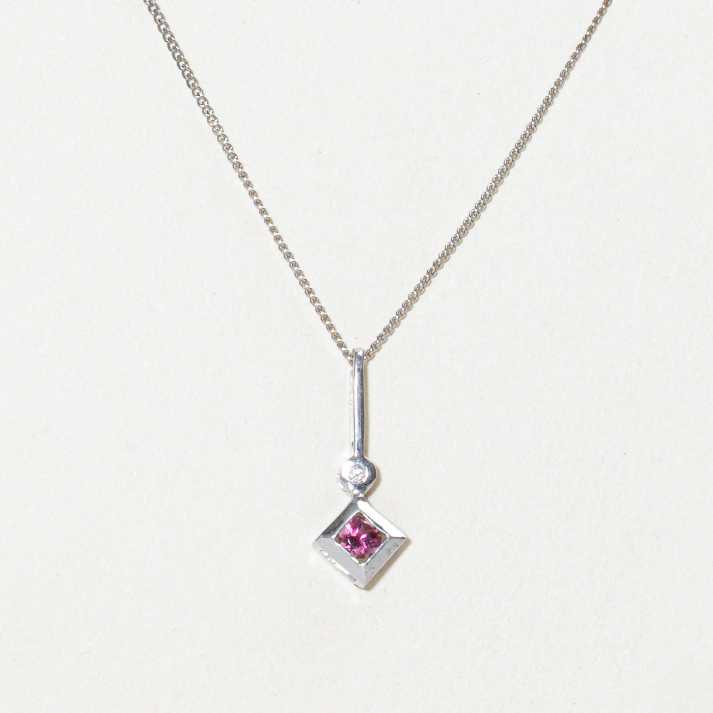 Bezel Set Pink Glass & Diamond Pendant Necklace | 0.15ct, 0.01ct | 16"