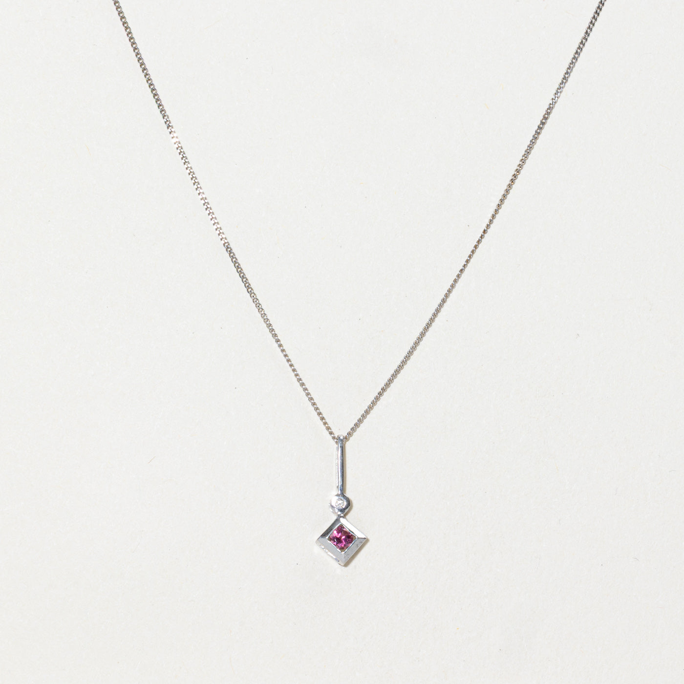 Bezel Set Pink Glass & Diamond Pendant Necklace | 0.15ct, 0.01ct | 16"