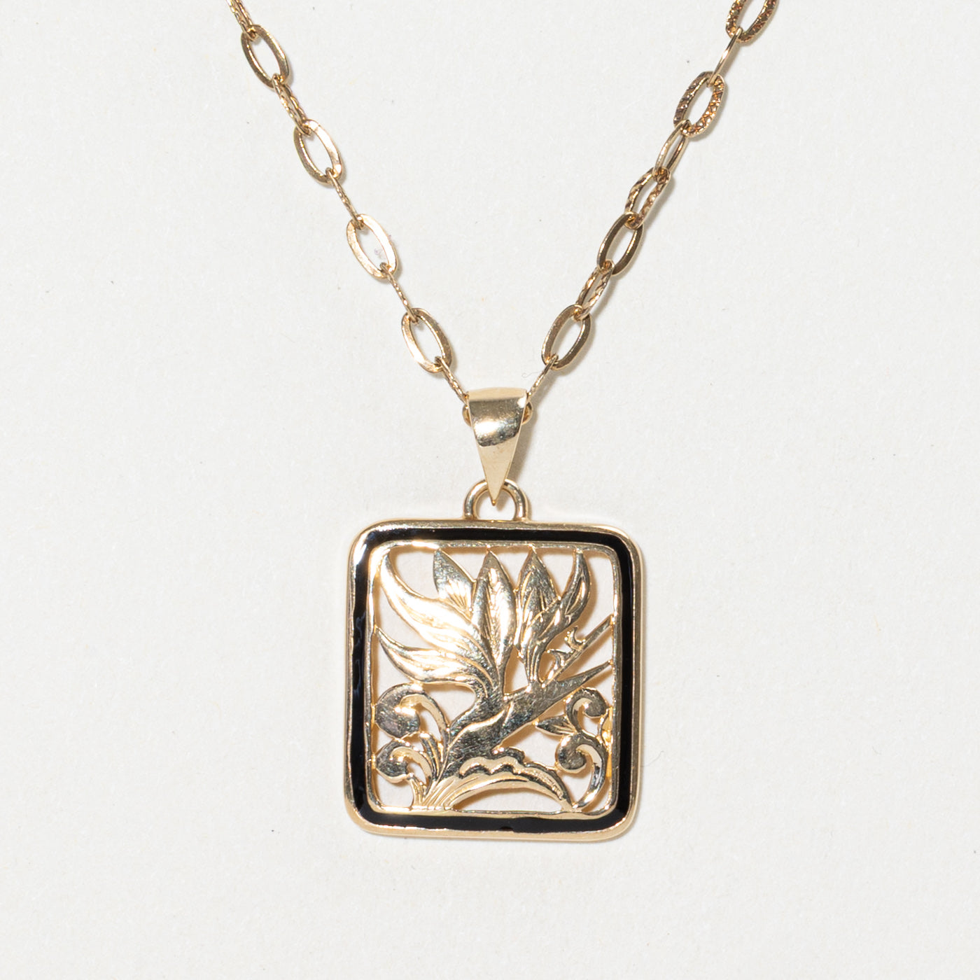Engraved Floral Black Enamel Framed Pendant Necklace | 20"