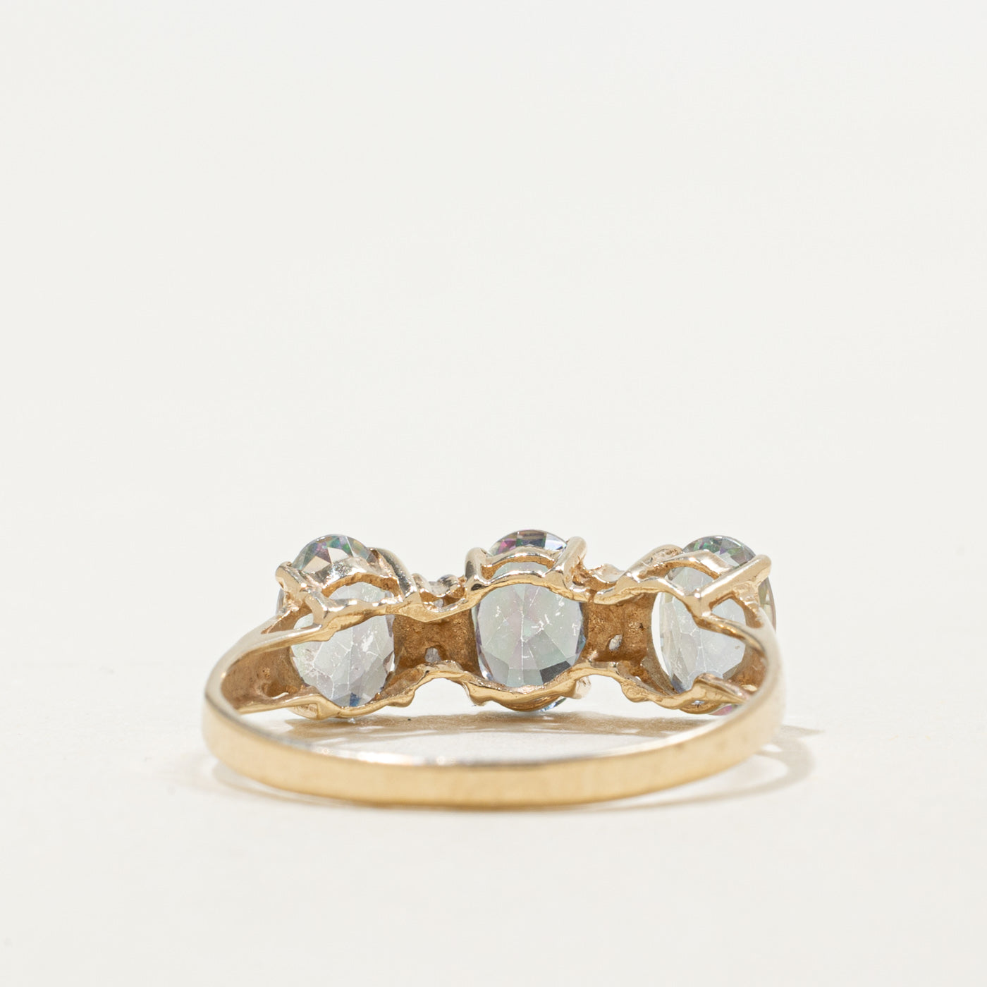 10K Three Stone Oval Cut Mystic Topaz & Diamond Ring | 1.50ctw, 0.03ctw | SZ 6.5