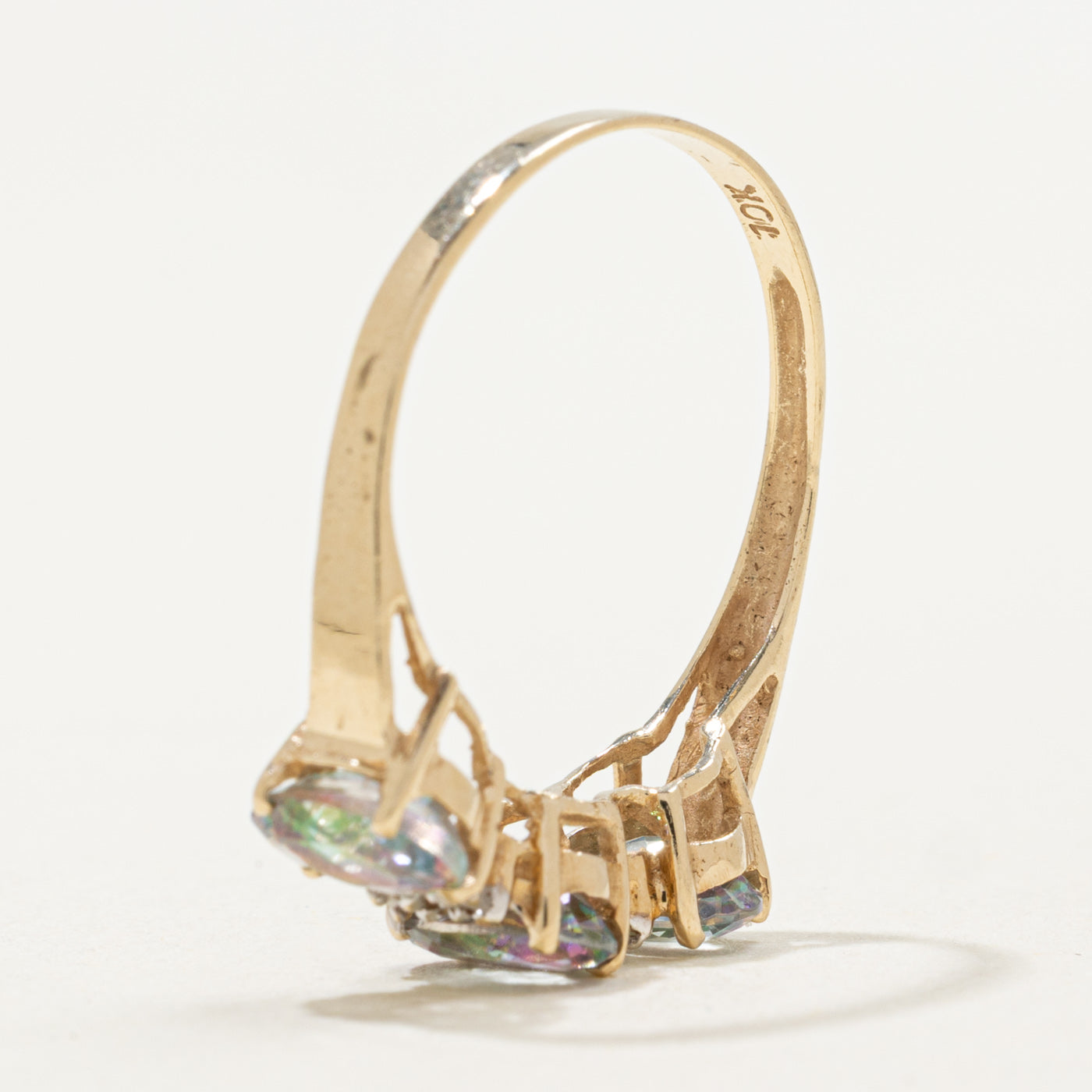 10K Three Stone Oval Cut Mystic Topaz & Diamond Ring | 1.50ctw, 0.03ctw | SZ 6.5