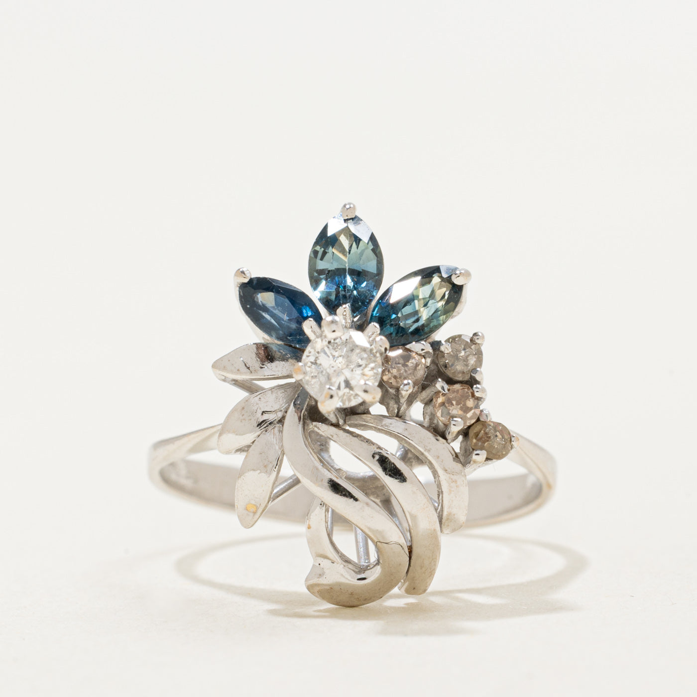 18K Marquise Cut Sapphire & Diamond Floral Abstract Cocktail Ring | 0.45ctw, 0.20ctw | SZ 5.25