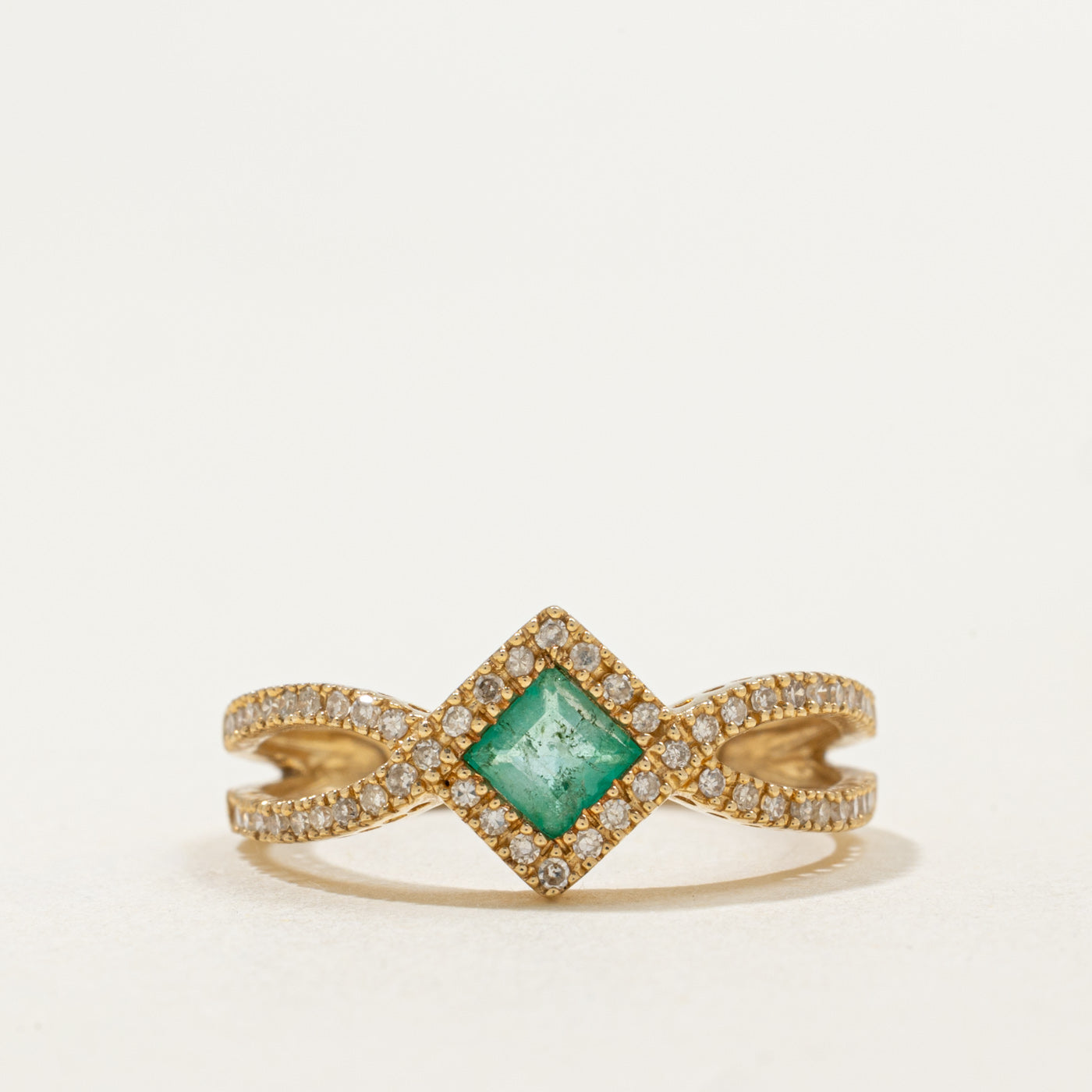 14K Step Cut Emerald & Diamond Cross Over Ring | 0.26ct, 0.17ctw | SZ 7.0