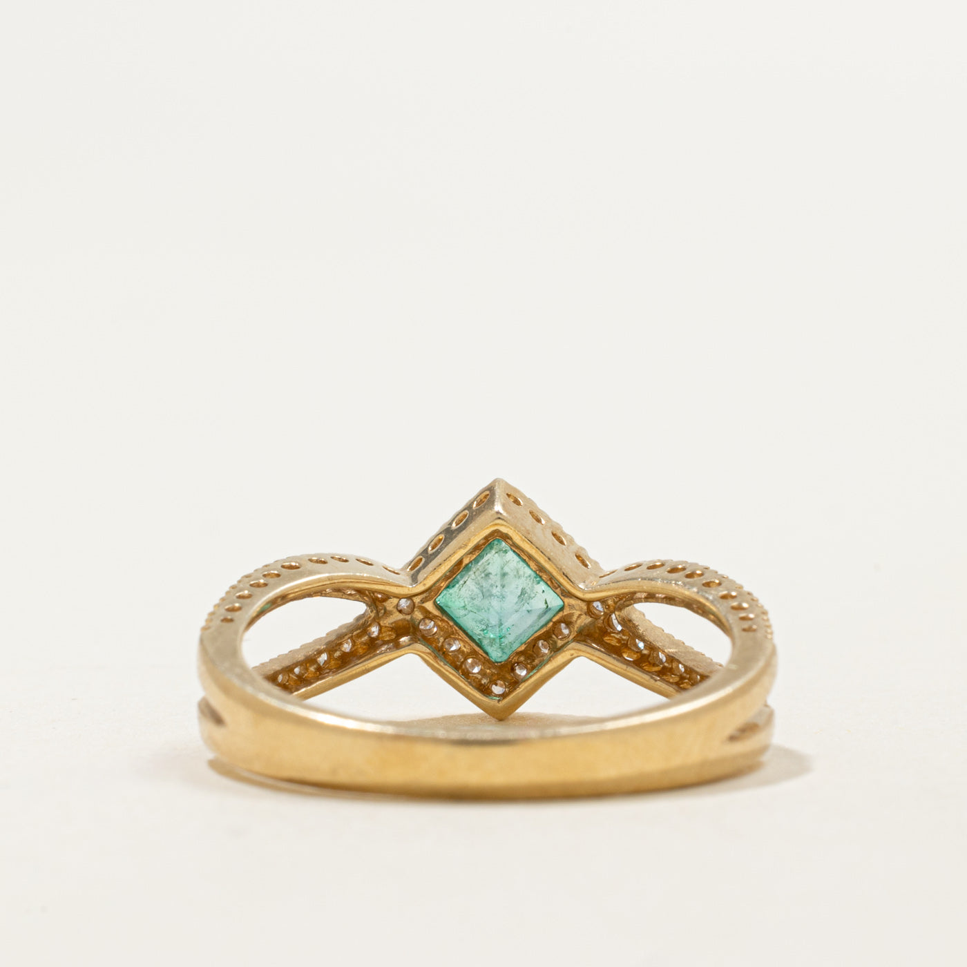 14K Step Cut Emerald & Diamond Cross Over Ring | 0.26ct, 0.17ctw | SZ 7.0