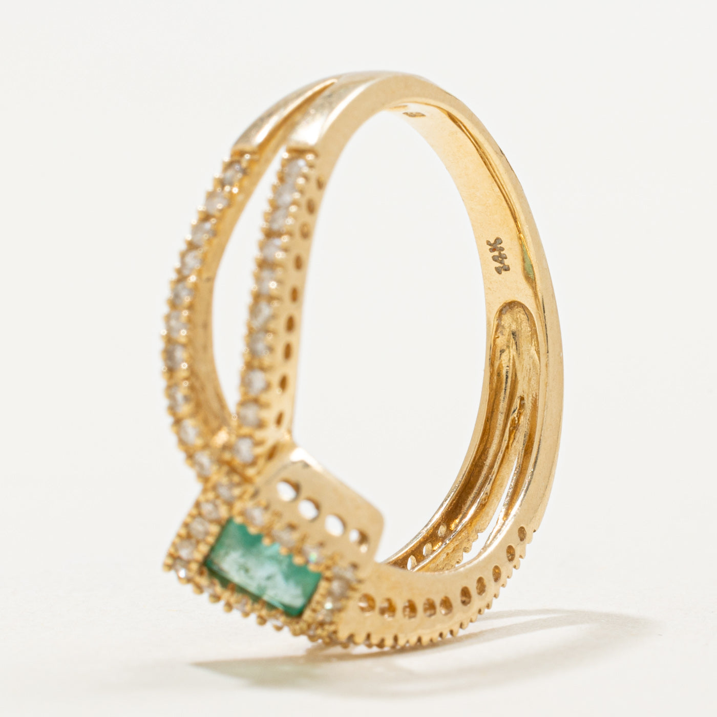 14K Step Cut Emerald & Diamond Cross Over Ring | 0.26ct, 0.17ctw | SZ 7.0