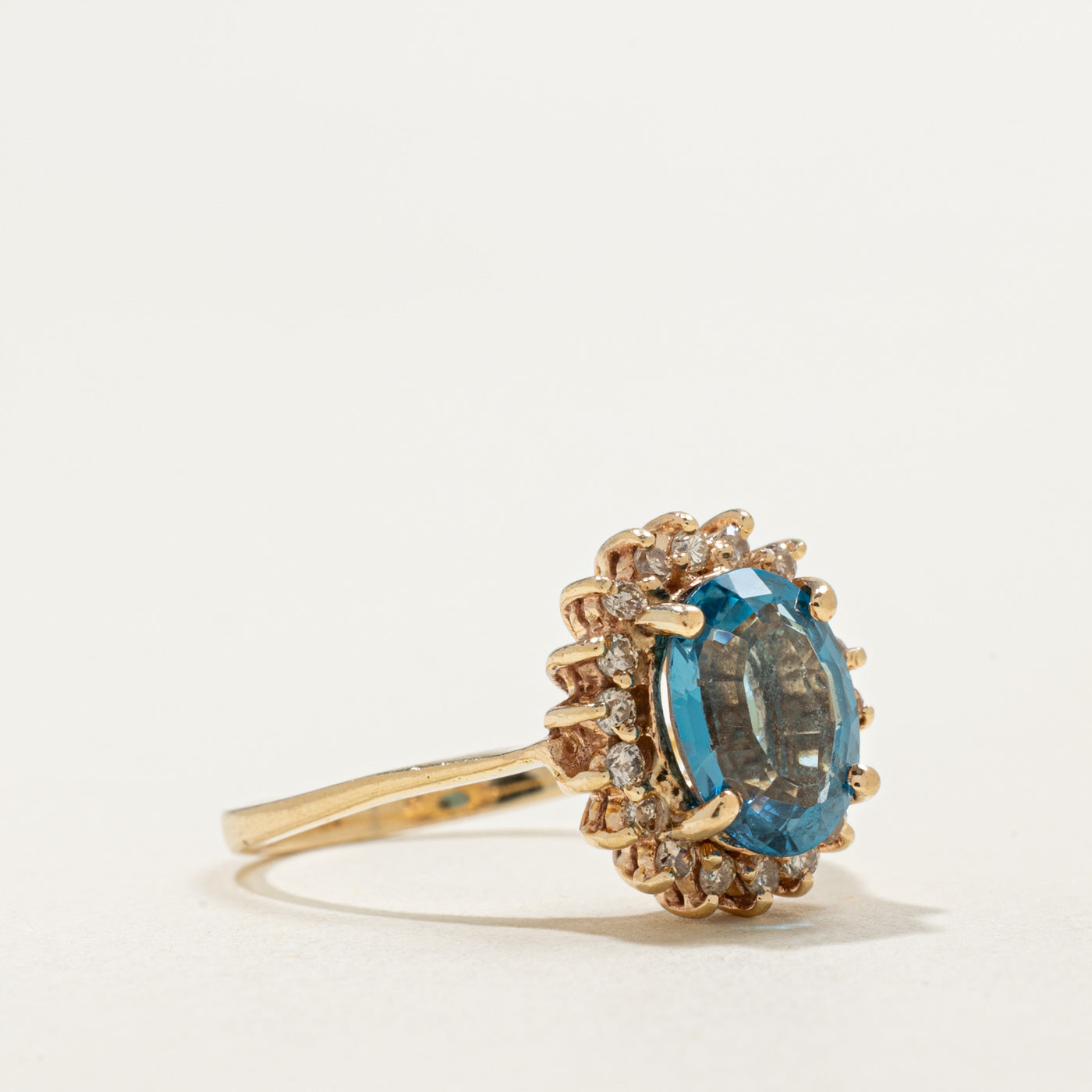 14K Oval Cut Blue Topaz & Diamond Oetal Halo Ring | 1.85ct, 0.18ctw | SZ 5.75