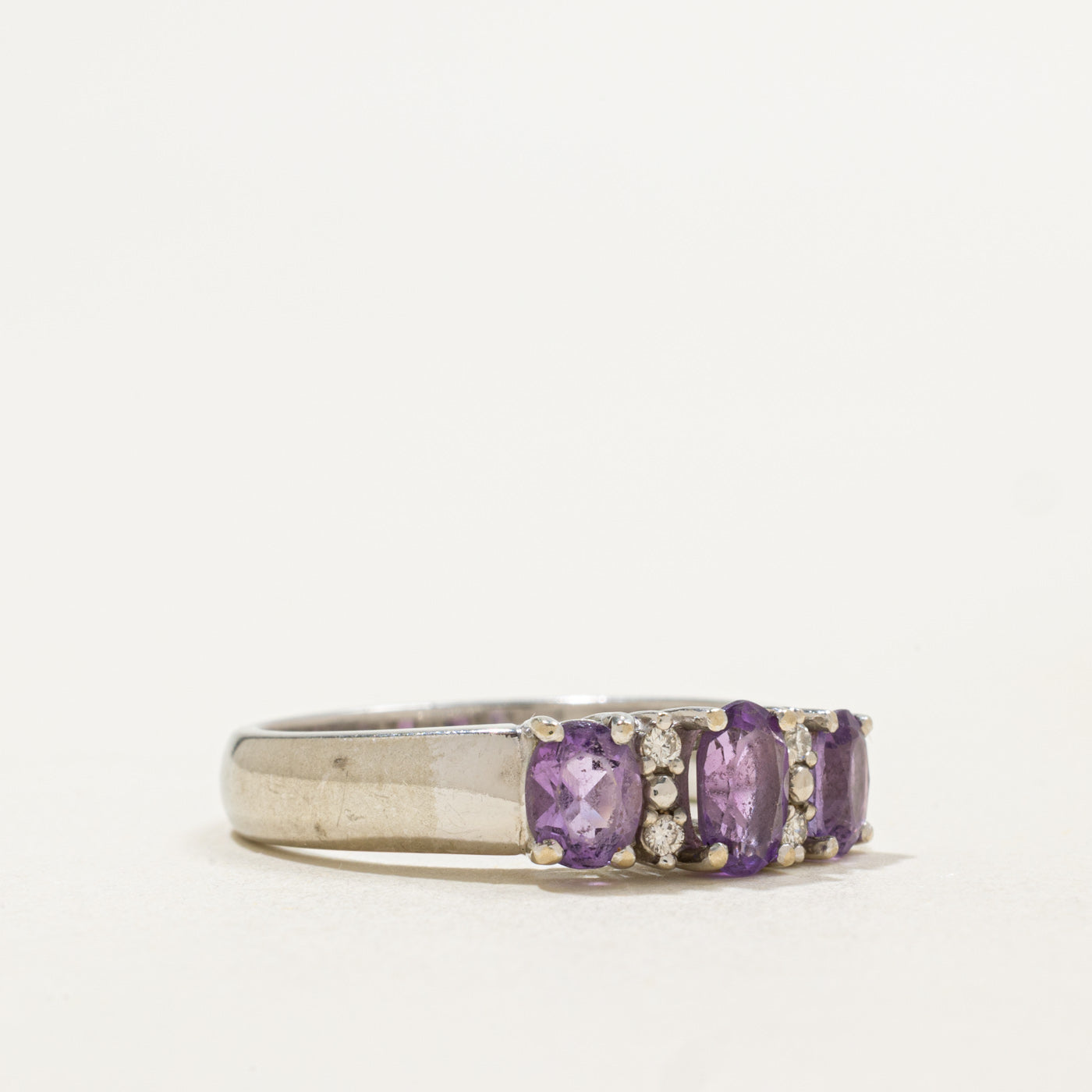 14K Three Stone Oval Cut Amethyst & Diamond Ring | 1.00ctw, 0.04ctw | SZ 7.0