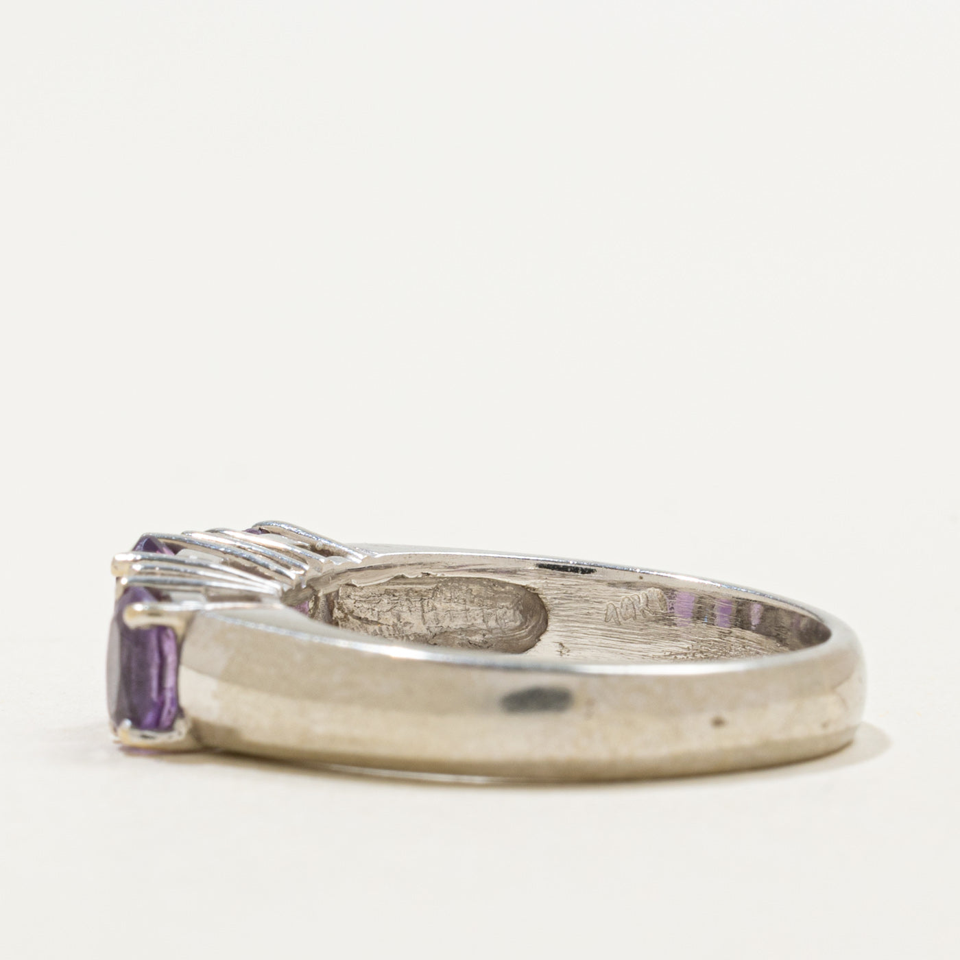 14K Three Stone Oval Cut Amethyst & Diamond Ring | 1.00ctw, 0.04ctw | SZ 7.0