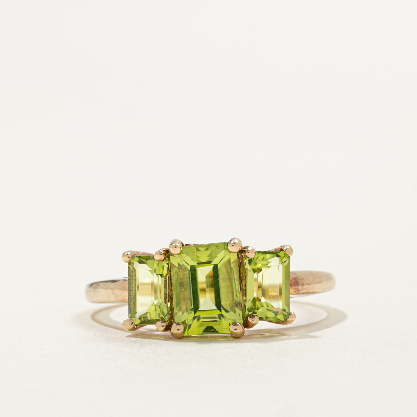 10K Three Stone Emerald Cut Peridot Ring | 2.70ctw | SZ 9.75