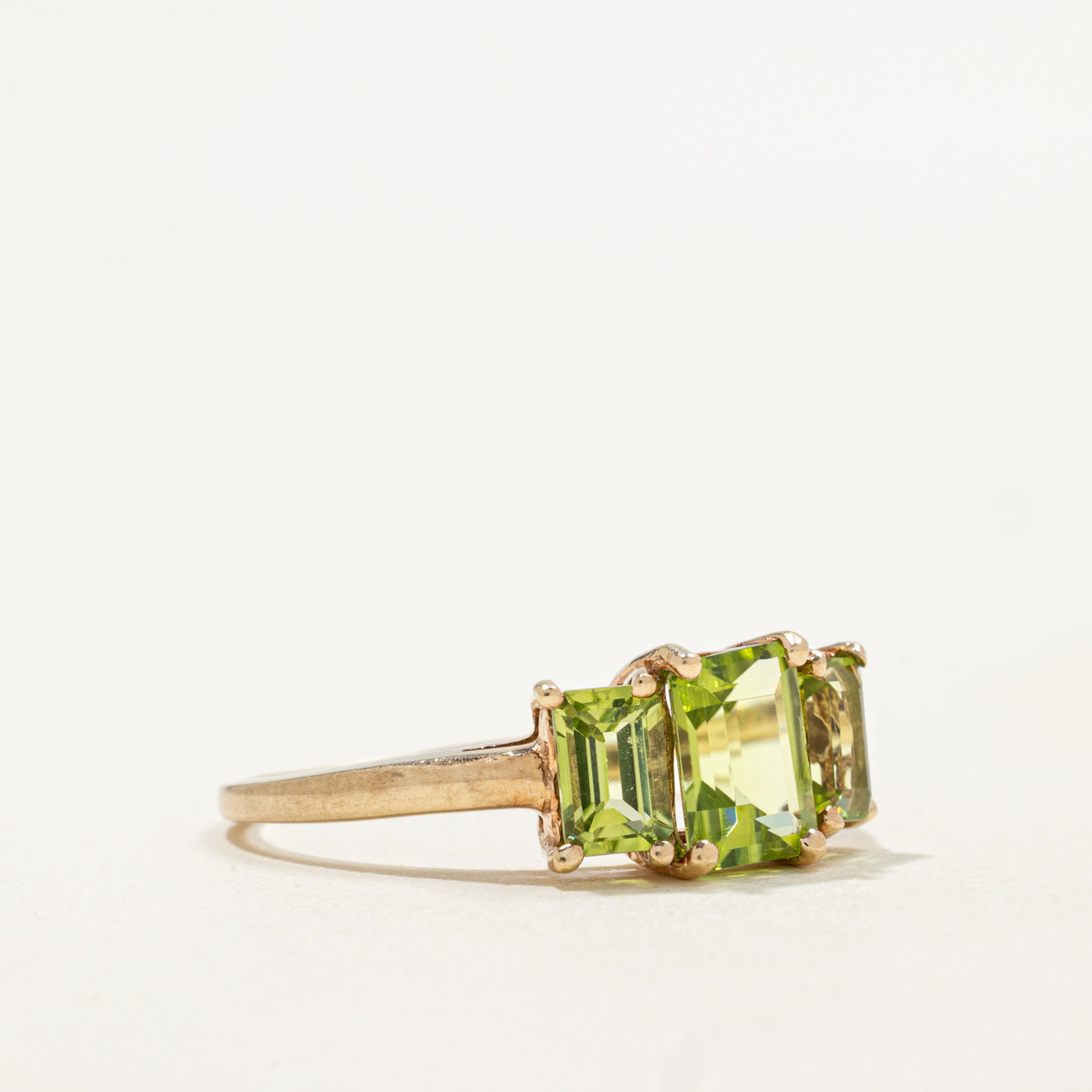 10K Three Stone Emerald Cut Peridot Ring | 2.70ctw | SZ 9.75