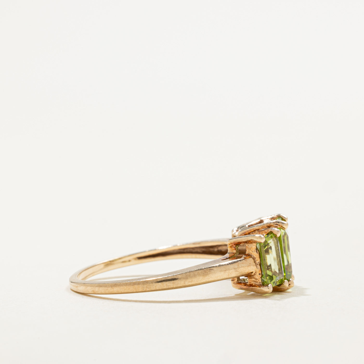 10K Three Stone Emerald Cut Peridot Ring | 2.70ctw | SZ 9.75