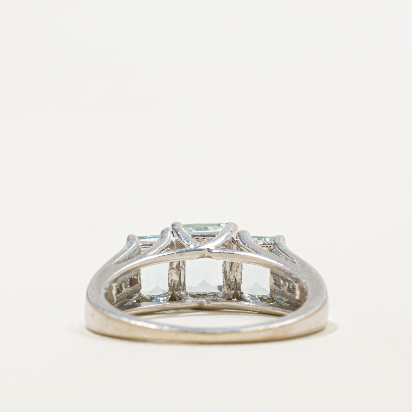 10K Three Stone Emerald Cut Aquamarine & Diamond Ring | 2.20ctw, 0.06ctw | SZ 6.75