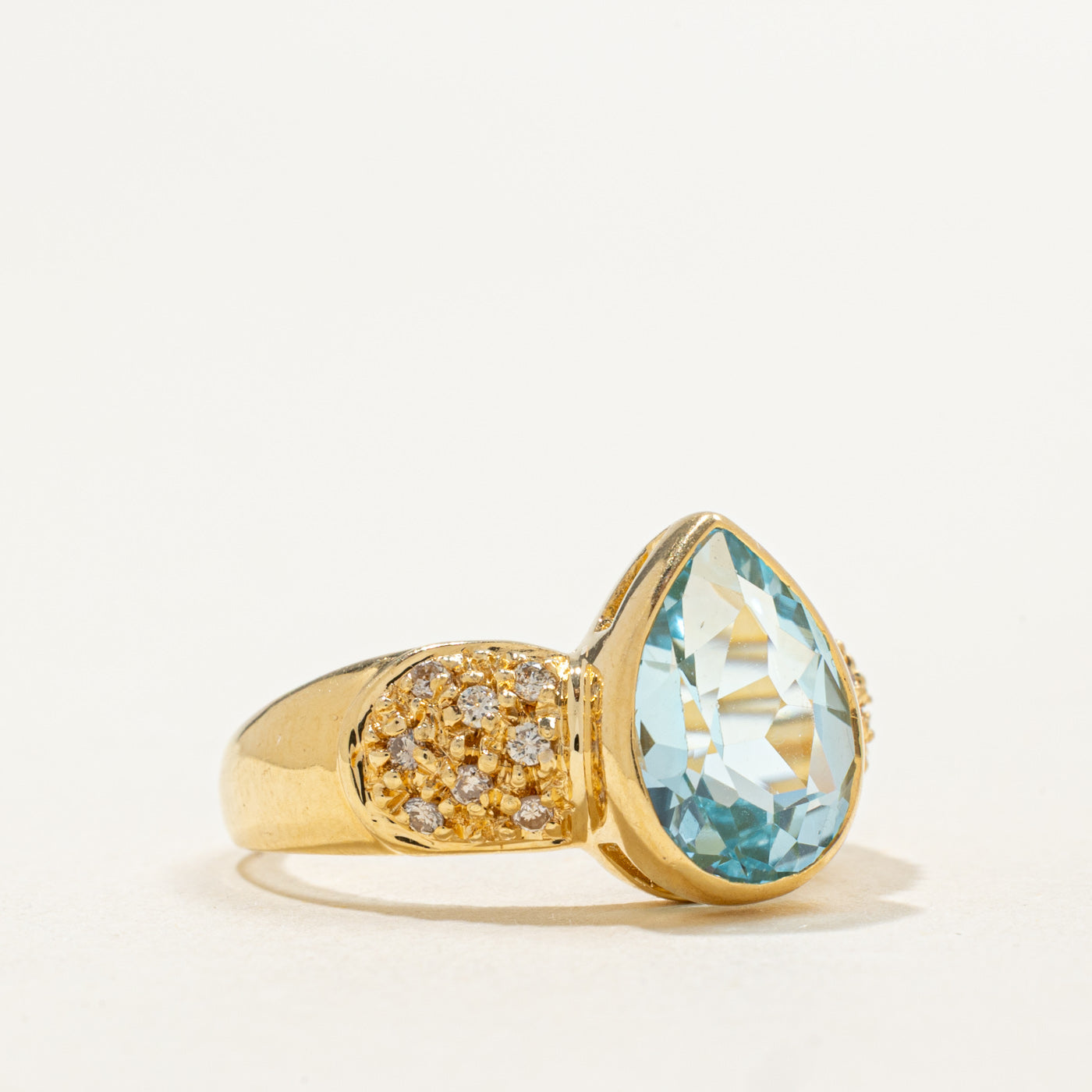 18K Bezel Set Pear Cut Blue Topaz & Diamond Ring | 3.50ct, 0.16ctw | SZ 6.0