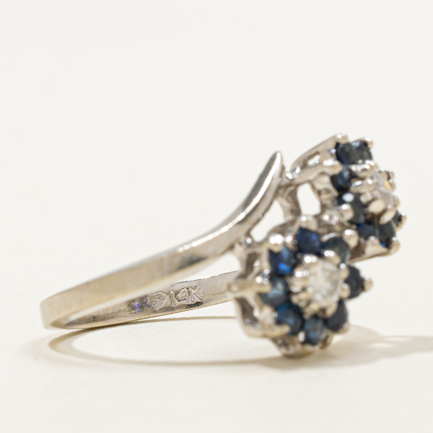 14K Sapphire & Diamond Double Floral Cluster Bypass Ring | 0.50ctw, 0.16ctw | SZ 4.75