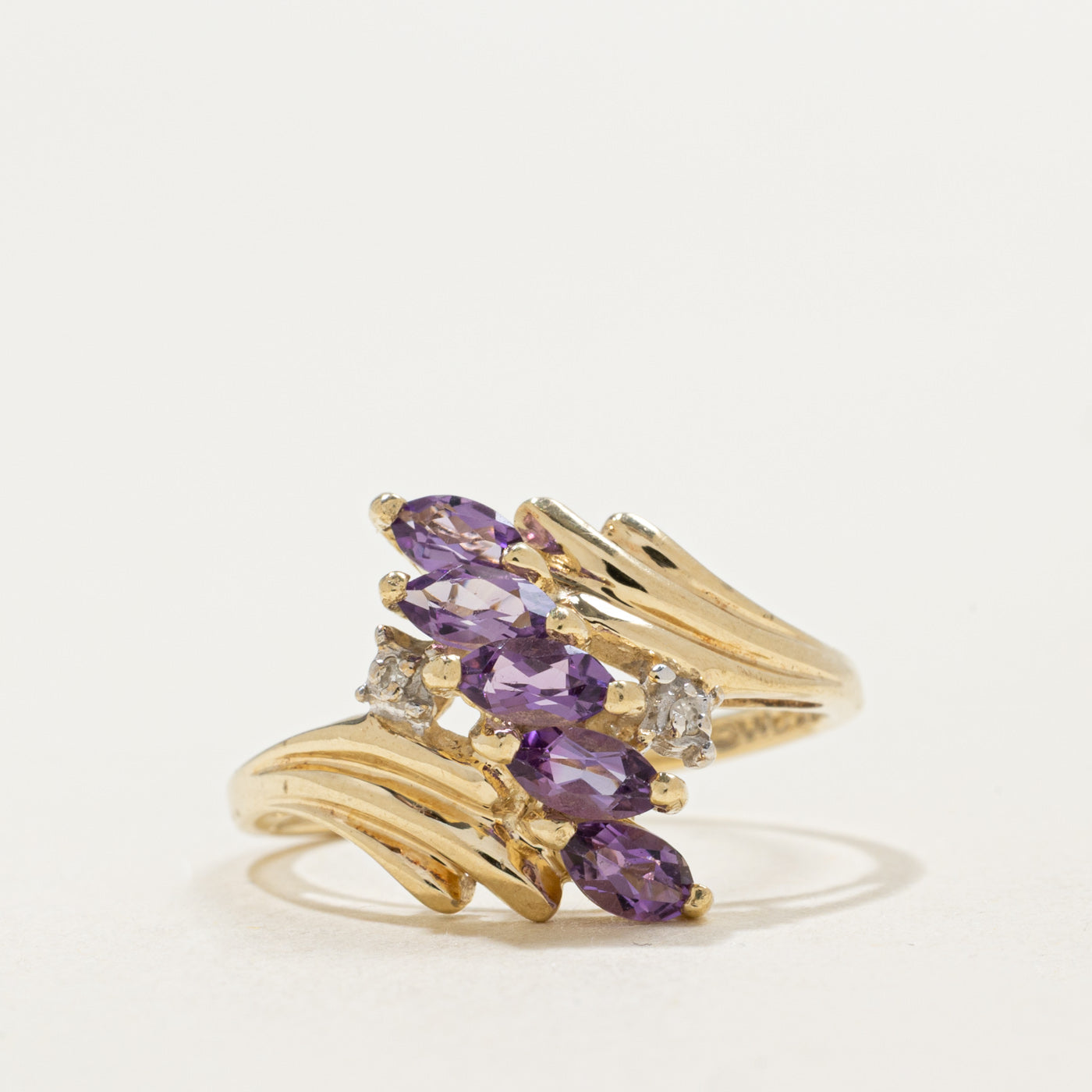 10K Marquise Cut Amethyst & Diamond Grooved Bypass Ring | 0.50ctw, 0.01ctw | SZ 5.75
