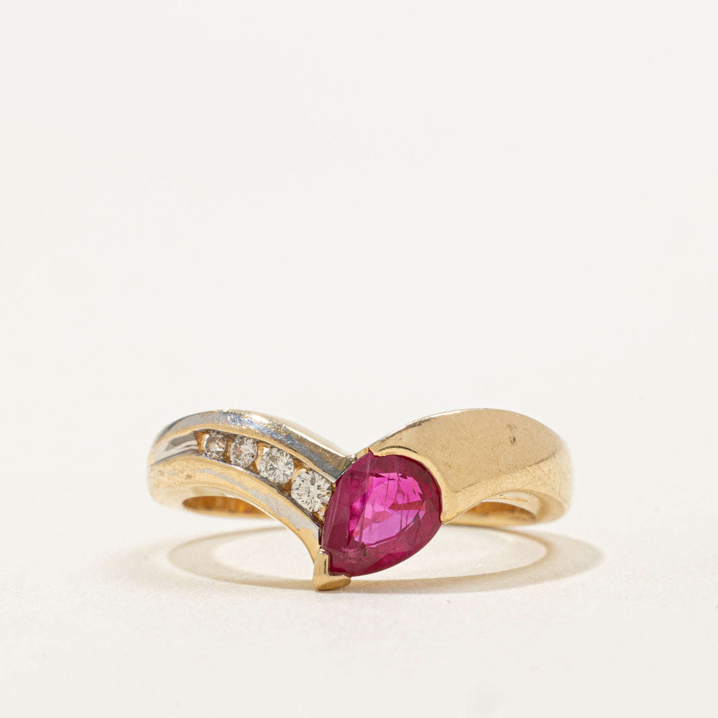 14K Pear Cut Ruby & Diamond Chevron Ring | 0.75ct, 0.09ctw | SZ 6.75