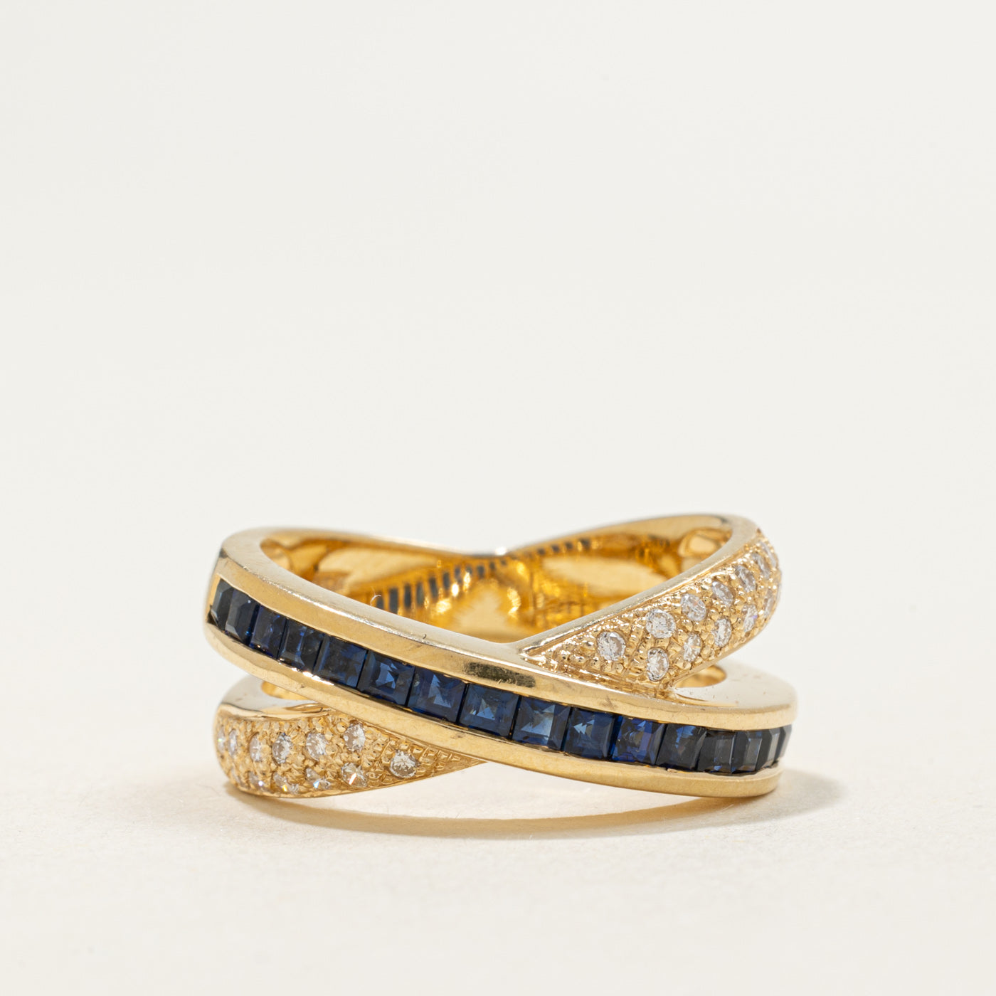 14K Sapphire & Diamond Cross Over Ring | 1.00ctw, 0.20ctw | SZ 6.5