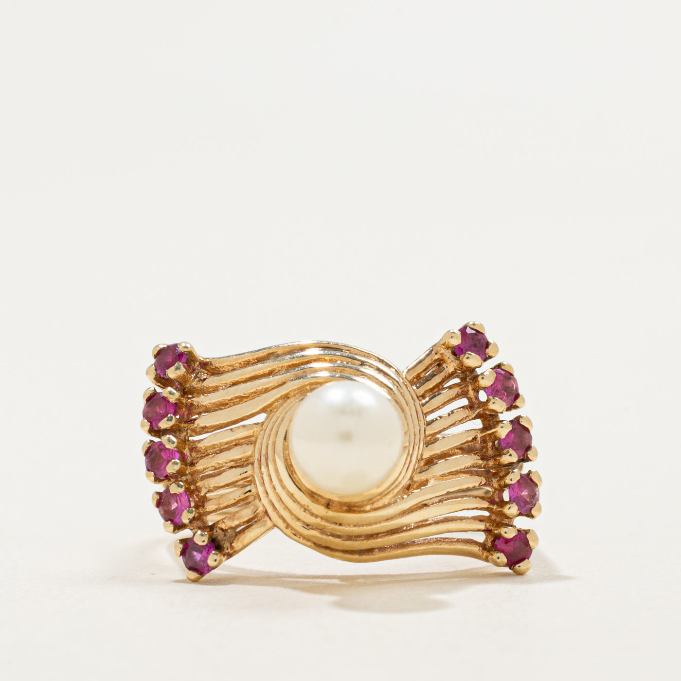 14K Synthetic Ruby & Pearl Abstract Cocktail Ring | 0.30ctw | SZ 6.0