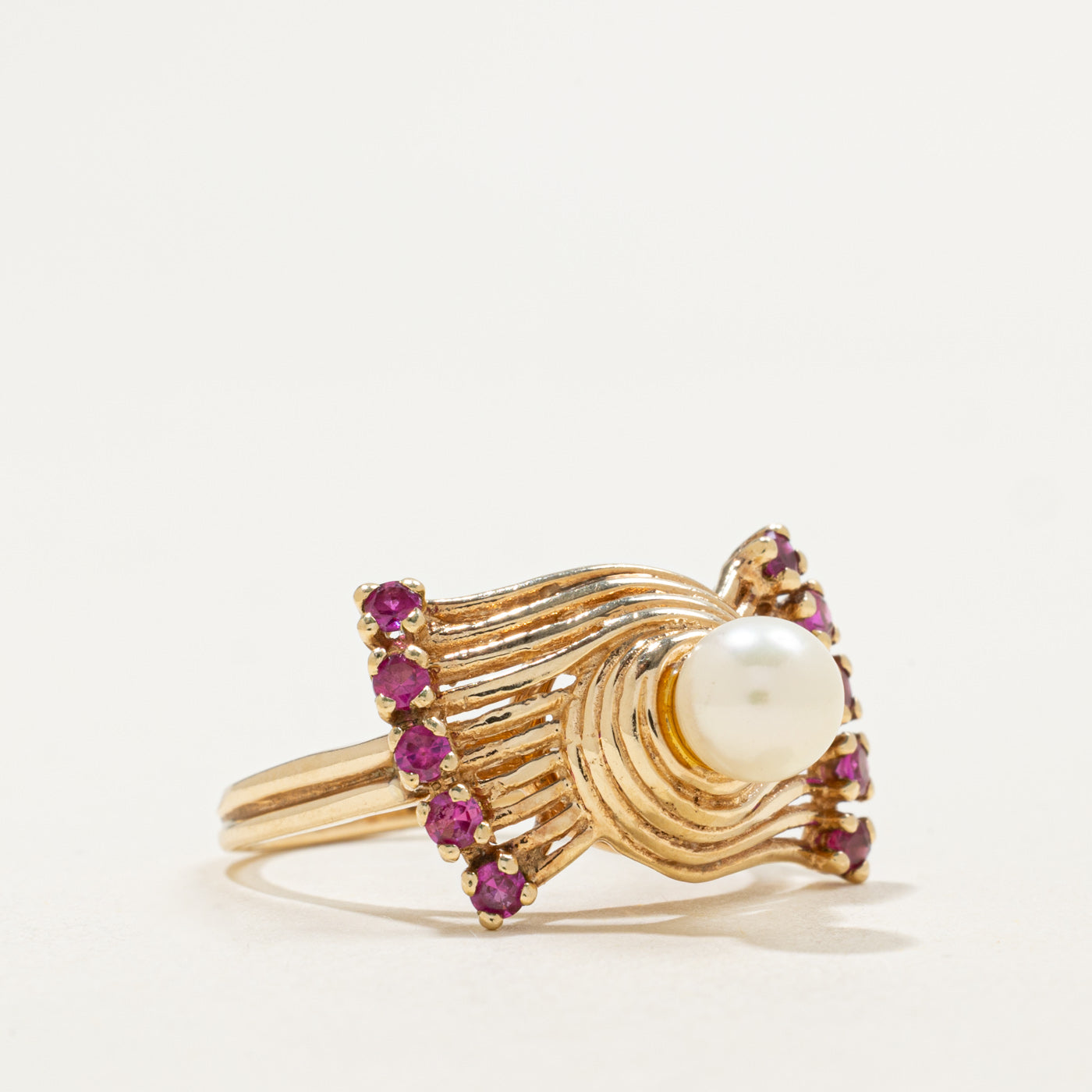 14K Synthetic Ruby & Pearl Abstract Cocktail Ring | 0.30ctw | SZ 6.0