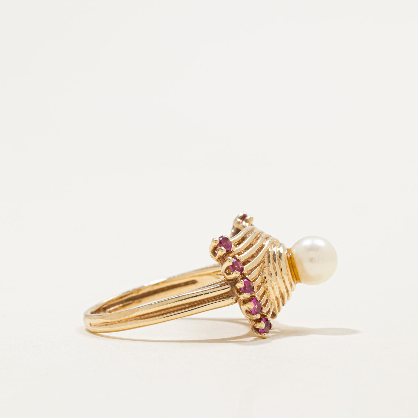 14K Synthetic Ruby & Pearl Abstract Cocktail Ring | 0.30ctw | SZ 6.0