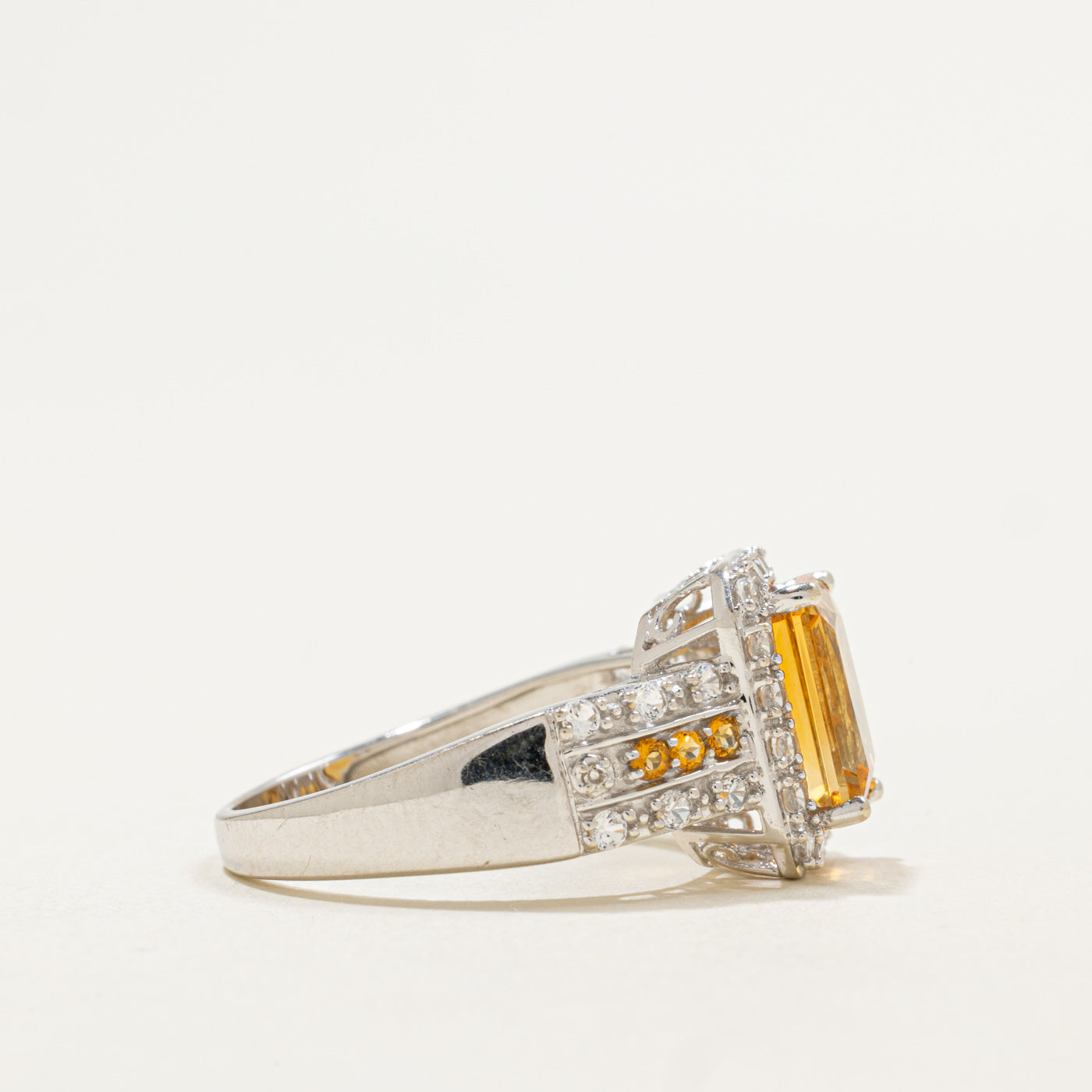 14K Radiant Cut Citrine & Synthetic Sapphire Halo Ring | 2.25ctw, 0.50ctw | SZ 7.0