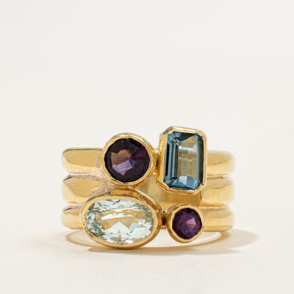 18K Bezel Set Multi Gemstone Grooved Ring | 4.35ctw | SZ 9.0