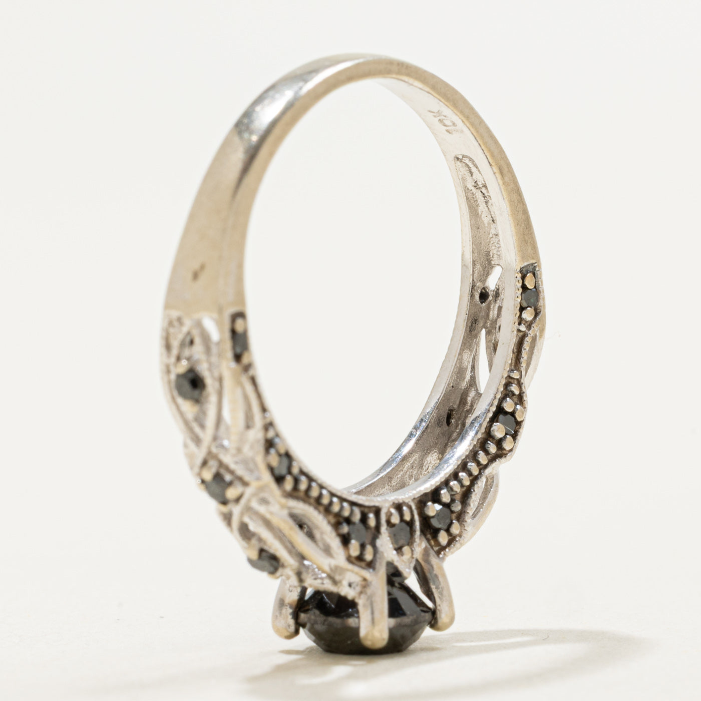 10K White Gold Black Diamond Ornate Ring | 0.91ctw | SZ 7.5